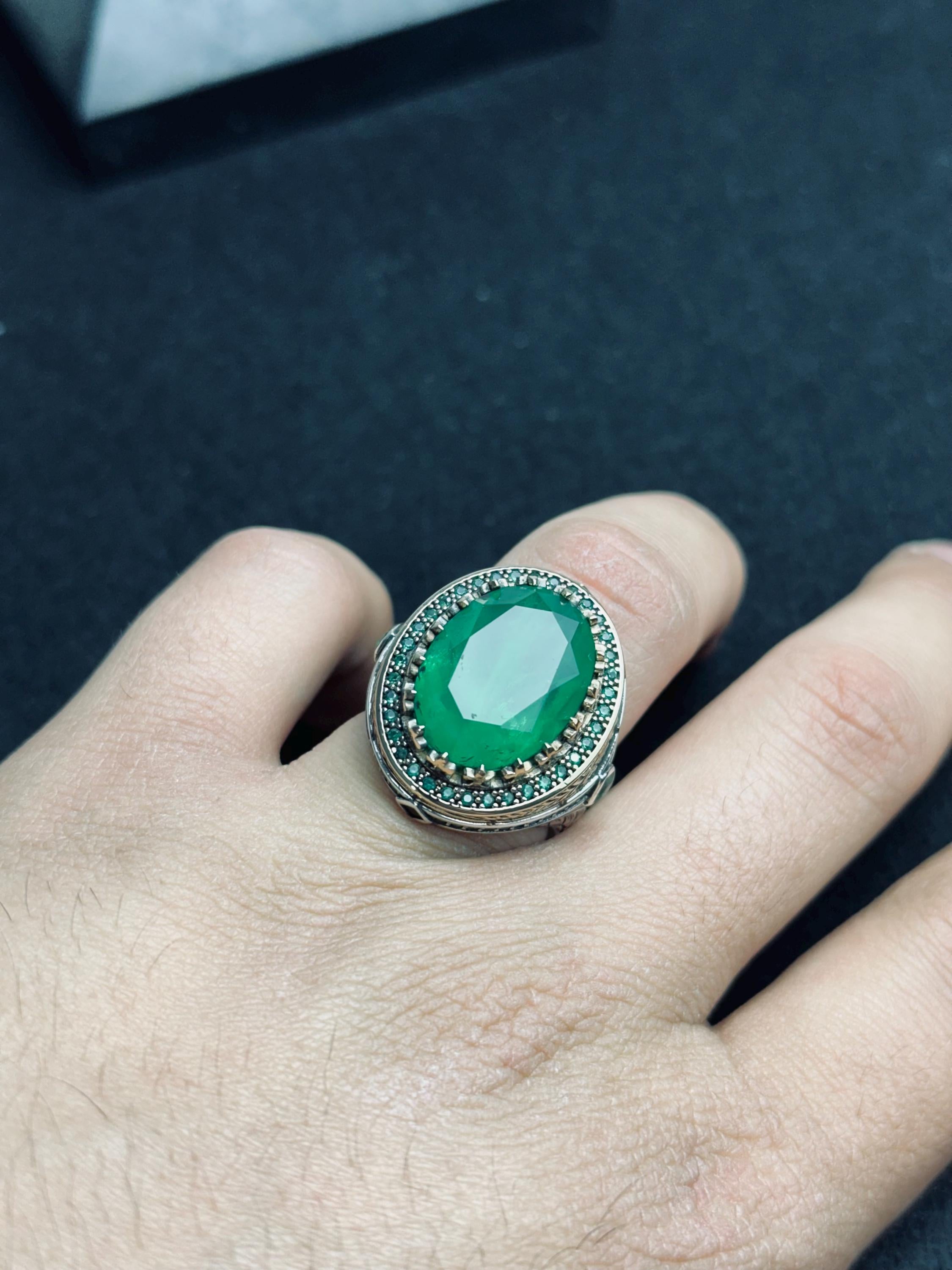Men's Emerald Silver Ring: Handmade Turkish Artisan - Statement Jewelry