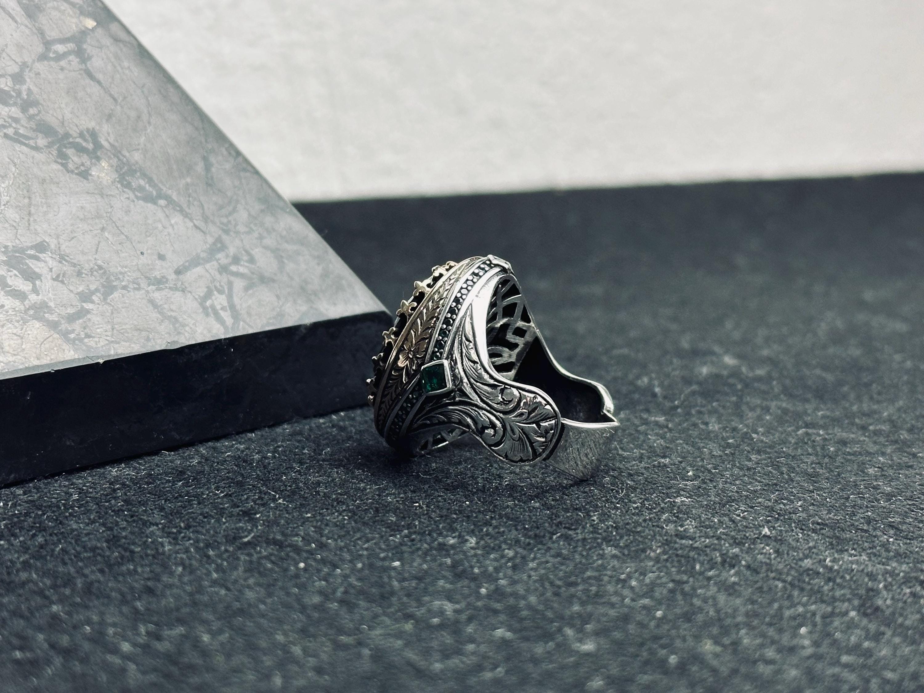 Emerald Statement Ring: Colombian Stone Men's Jewelry (Sterling Silver)