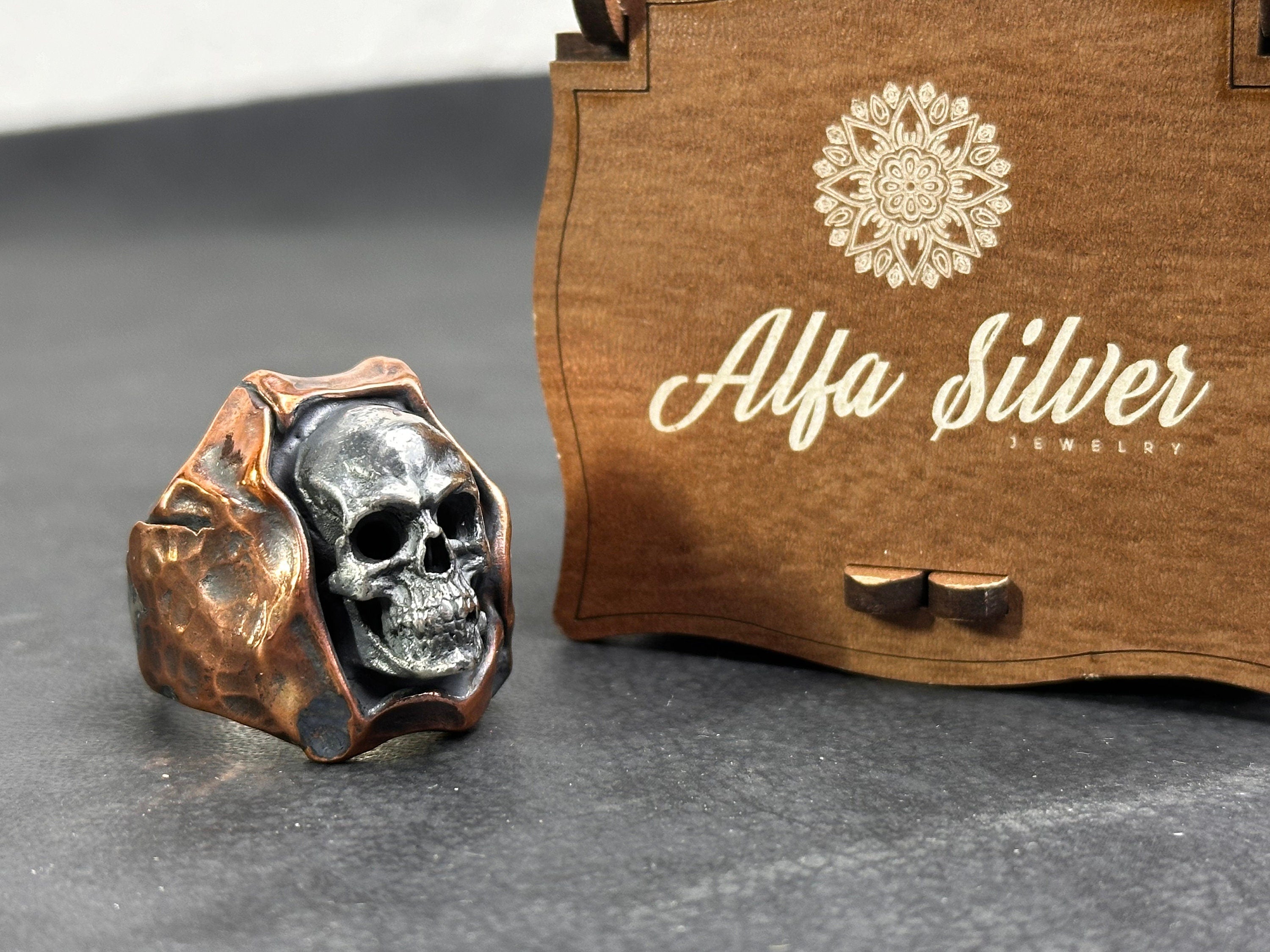 Handmade Skull Ring: Oxidized Sterling Silver (Medieval Biker Style)