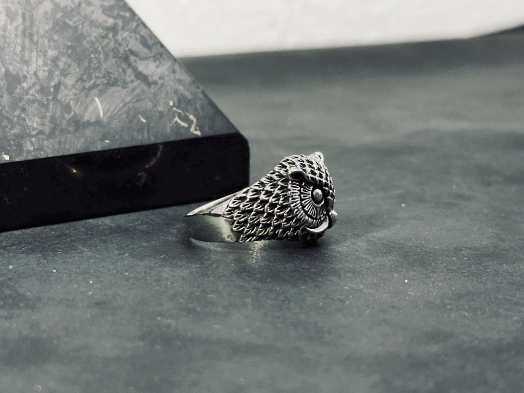 Sterling Silver Owl Ring, Oxidized Finish (Men's Handmade Size 8-12)