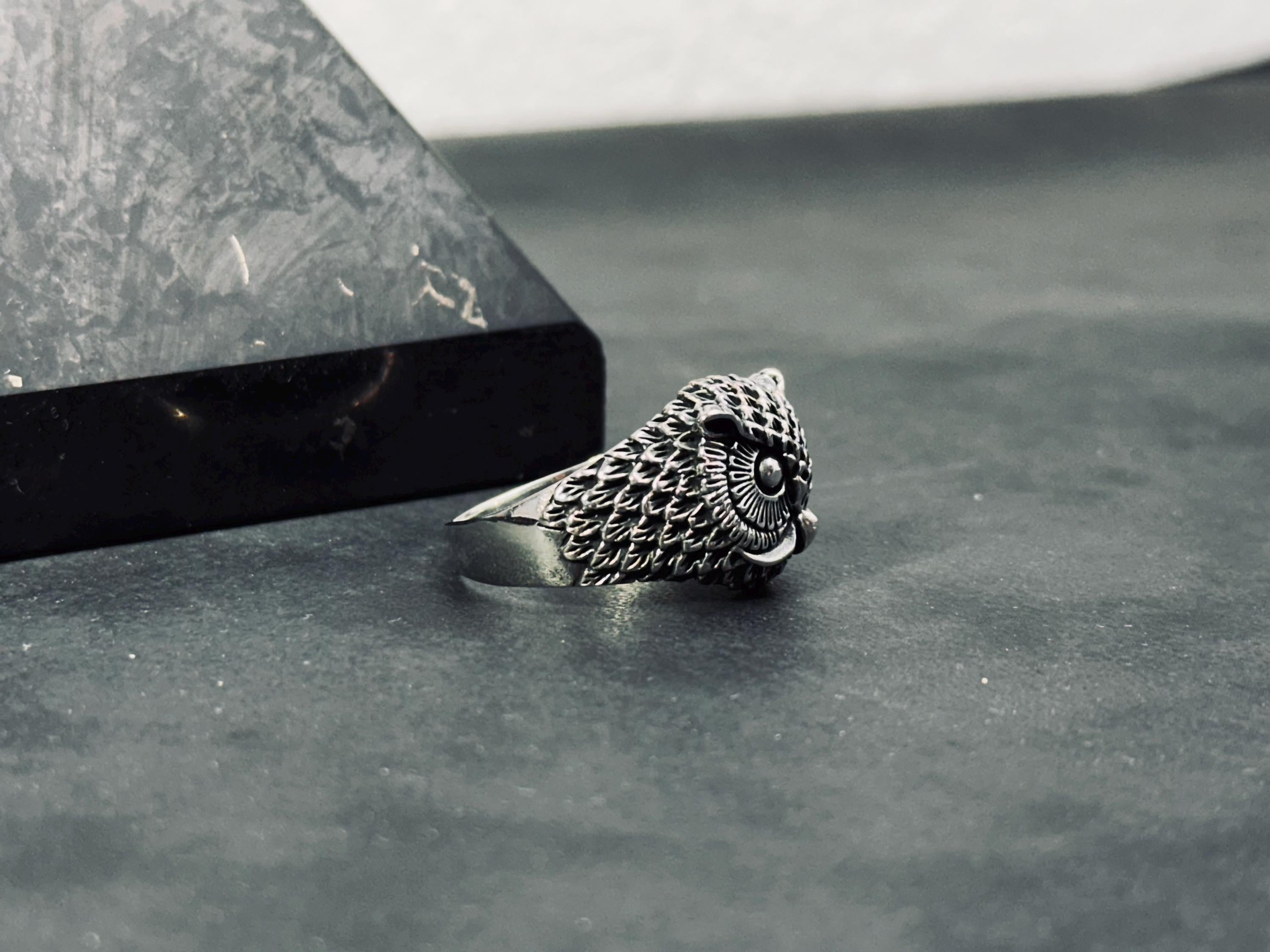 Sterling Silver Owl Ring, Oxidized Finish (Men's Handmade Size 8-12)
