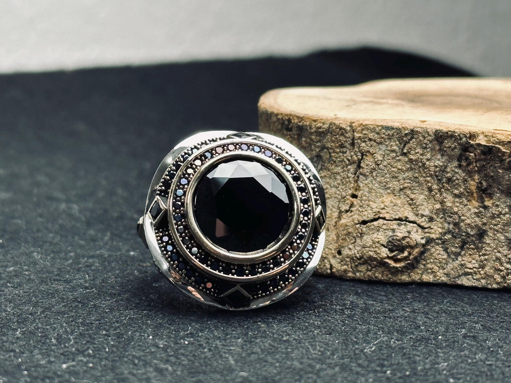 Sterling Silver Men's Ring: Black Zircon Stone (Handmade, Turkish Style)