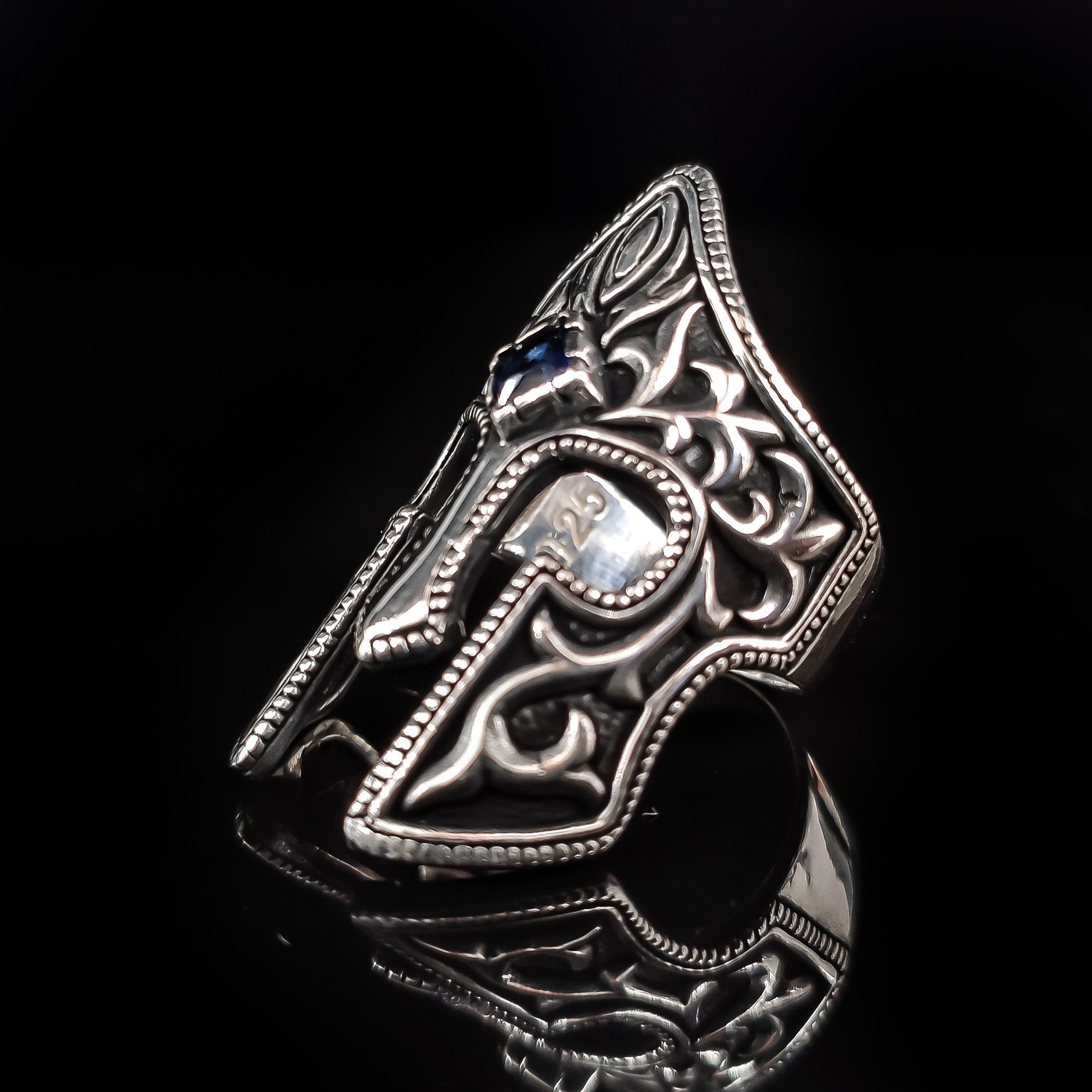 Spartan Helm Ring: Sterling Silver, Emerald Accent - Handmade