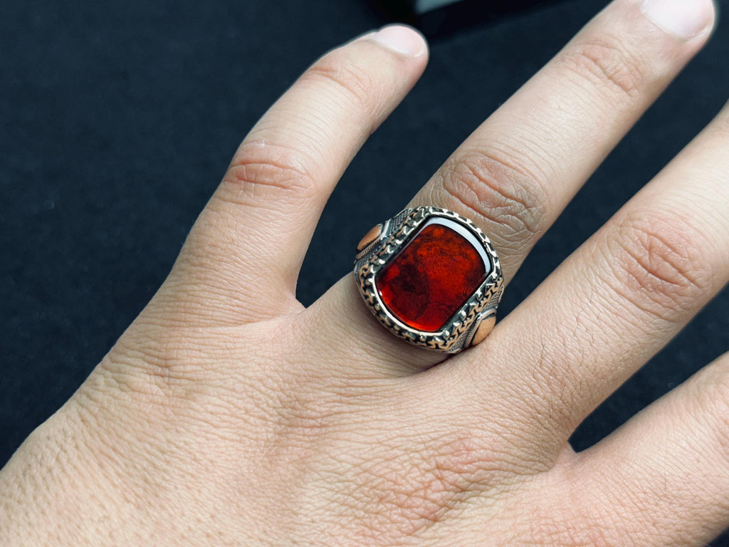 Men’s Baltic Amber Ring: Square Red Gem - Handmade Sterling Silver