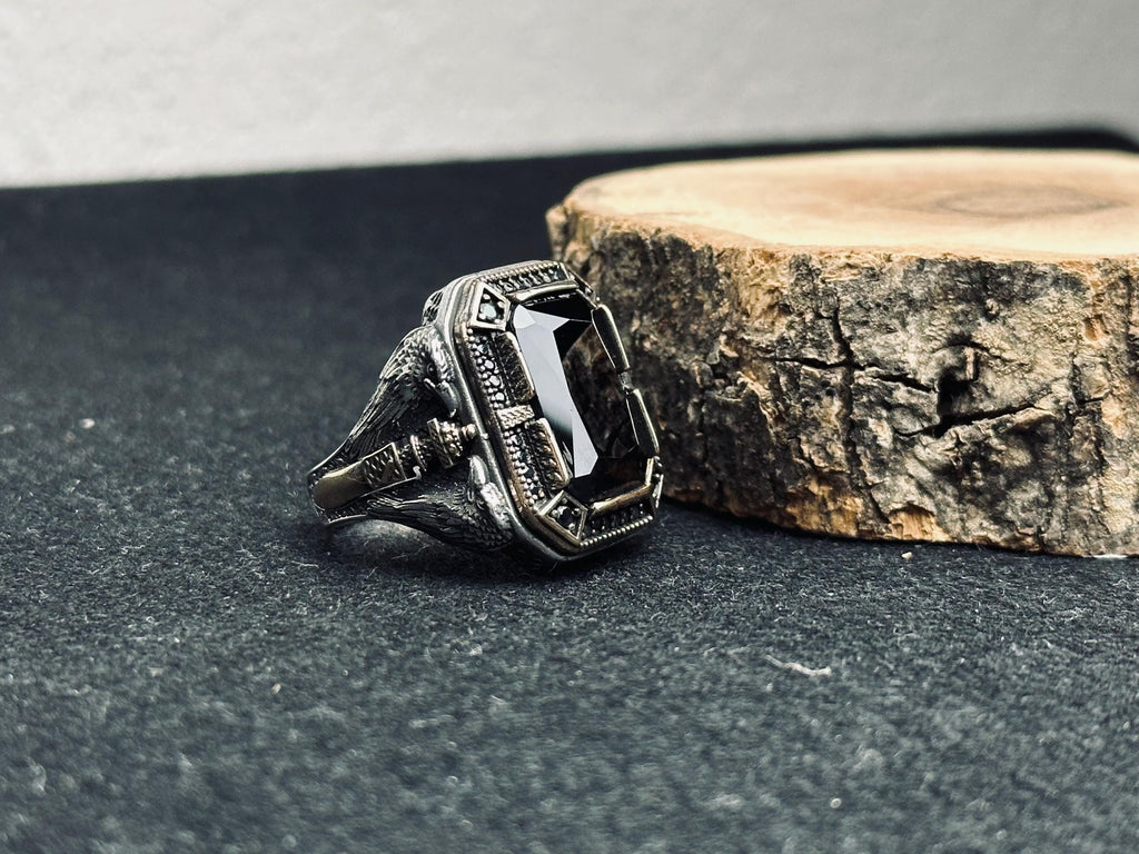 Men's Sterling Silver Ring: Black Zircon, Eagle Motif - Handmade