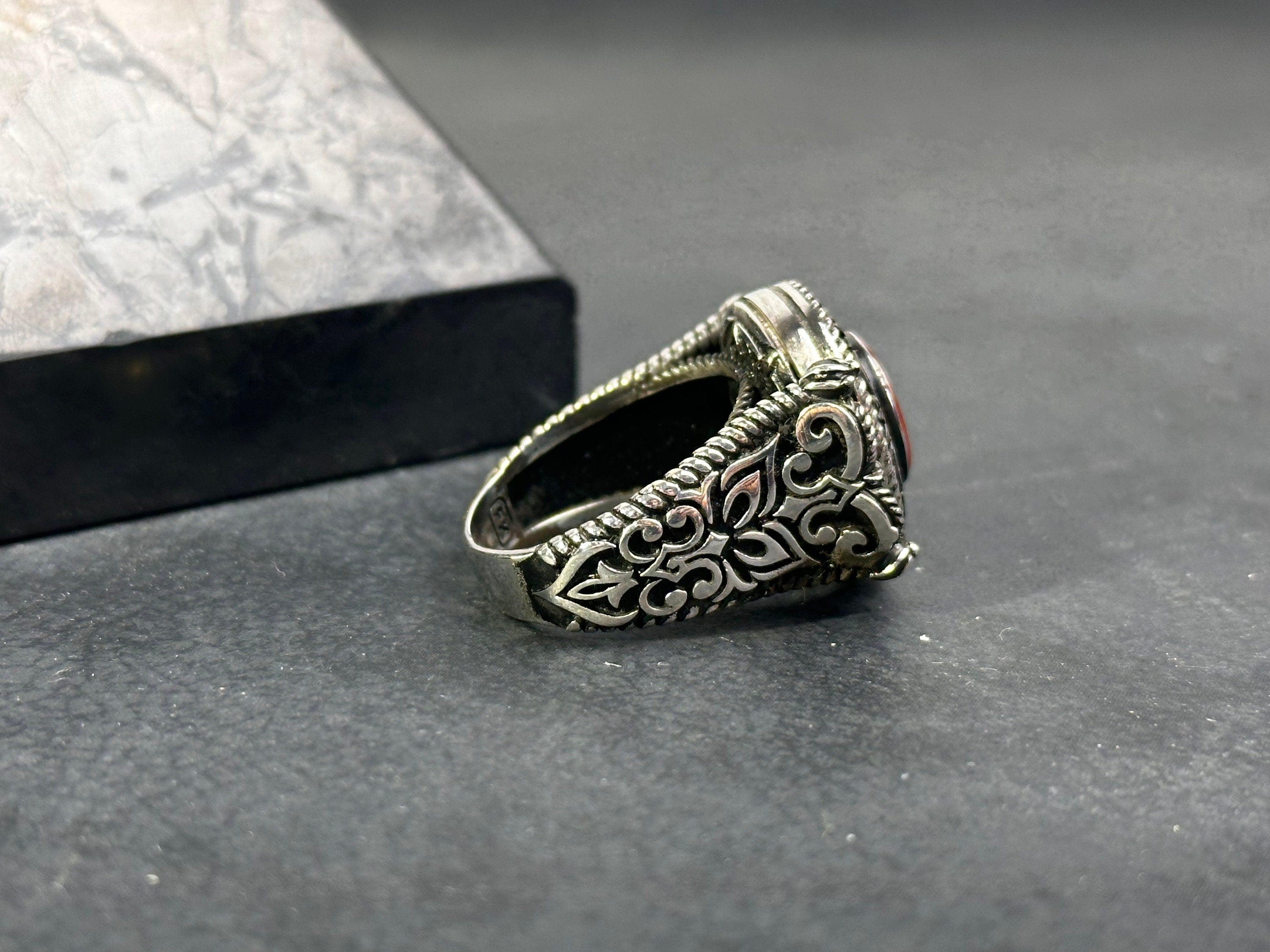Men's Red Agate Ring, Sterling Silver Engraved (Everyday Wear)
