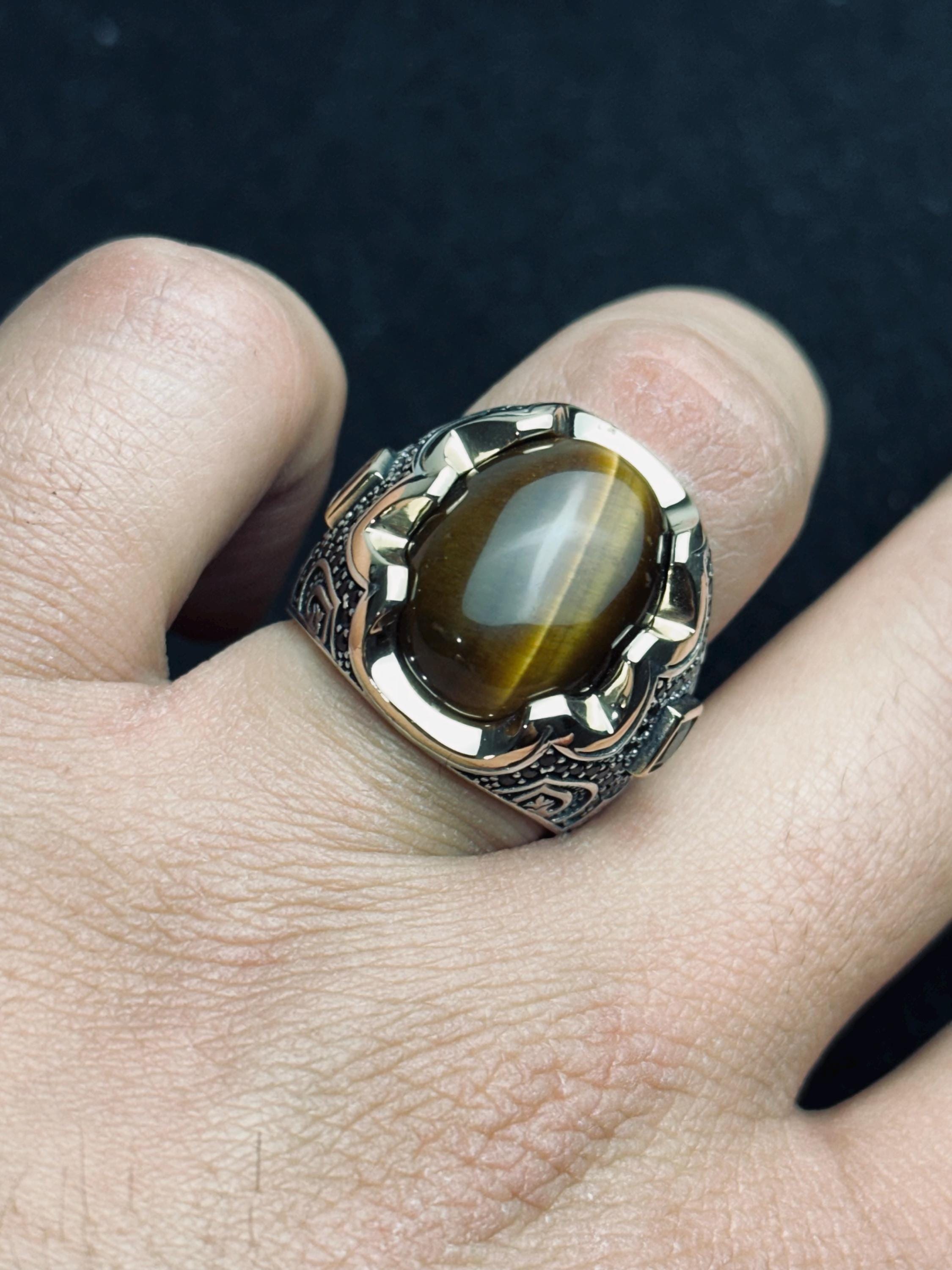 Men's Statement Ring: Tiger Eye Gemstone - Oxidized 925 Silver
