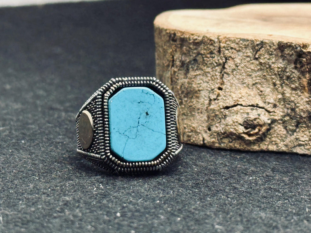Turquoise Statement Ring - Sterling Silver, Engraved Design