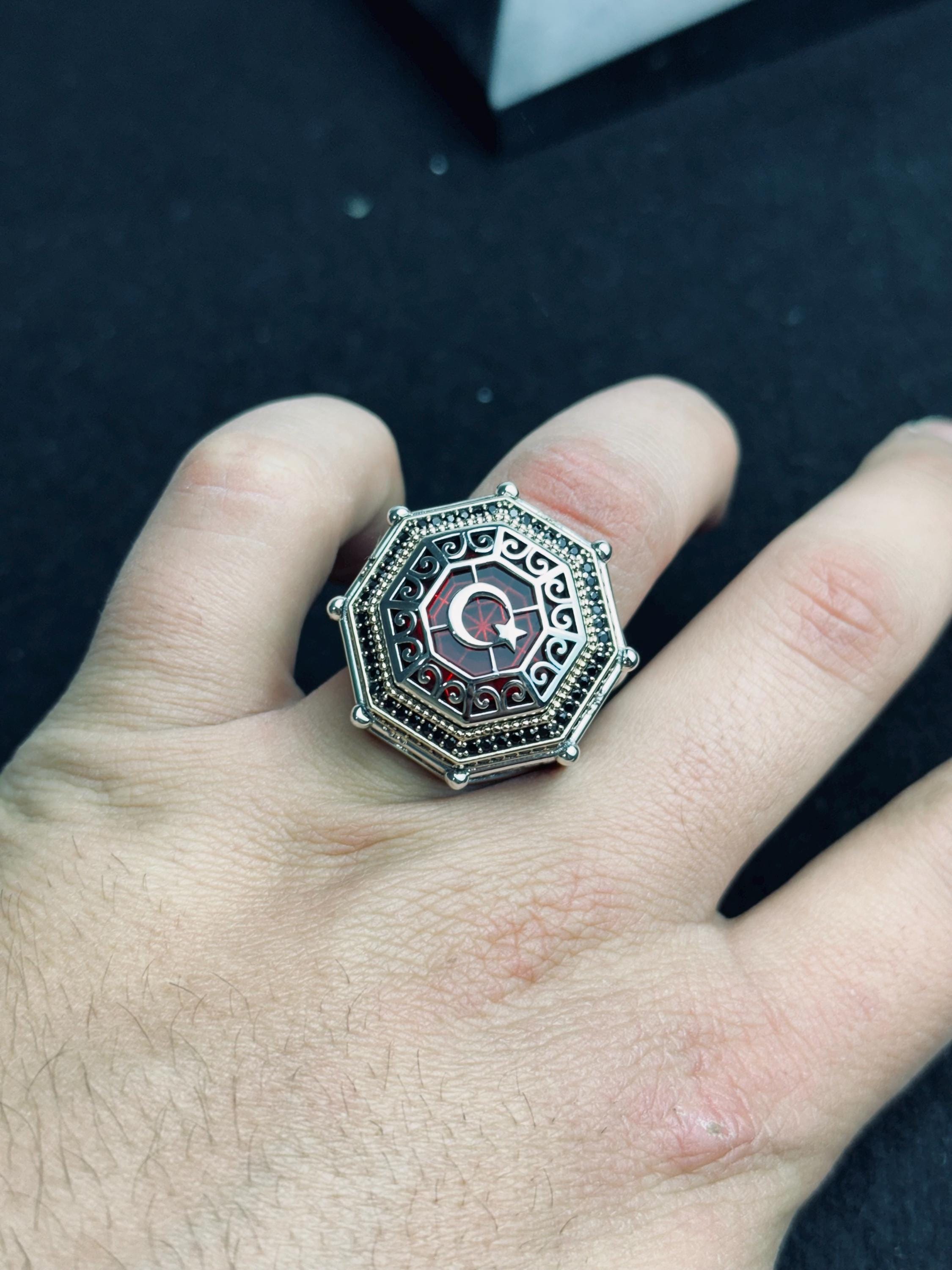 Red Stone Moon Star Ring, 925 Sterling Silver, Turkish Handmade Jewelry