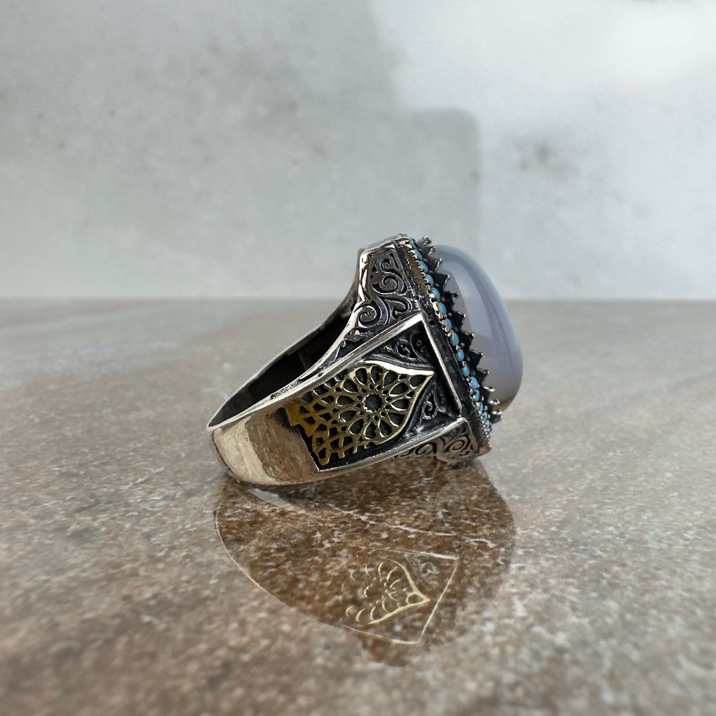 Yemenni Aqeeq Silver Ring - Handmade Men's Gemstone Jewelry
