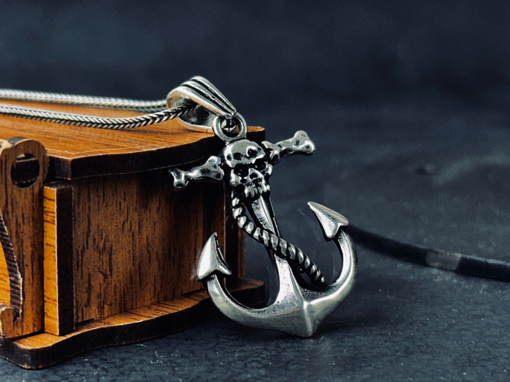 Nautical Silver Necklace, Skull and Anchor Pendant (Adjustable Chain)