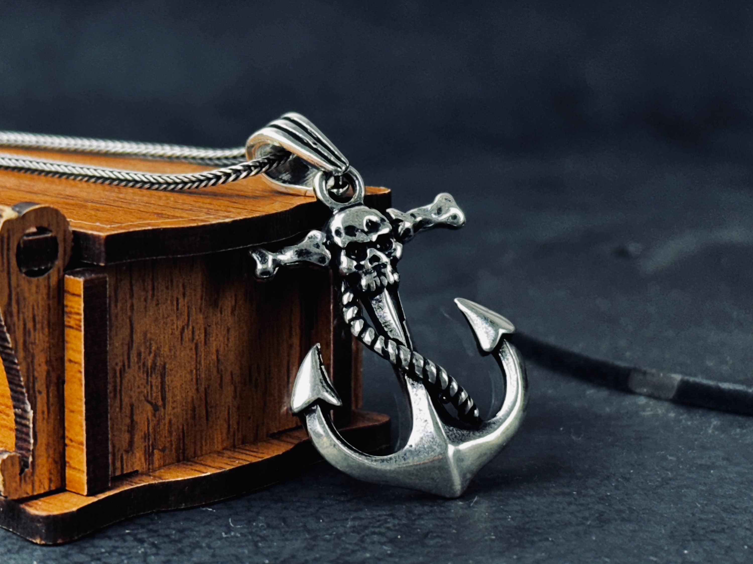 Nautical Silver Necklace, Skull and Anchor Pendant (Adjustable Chain)