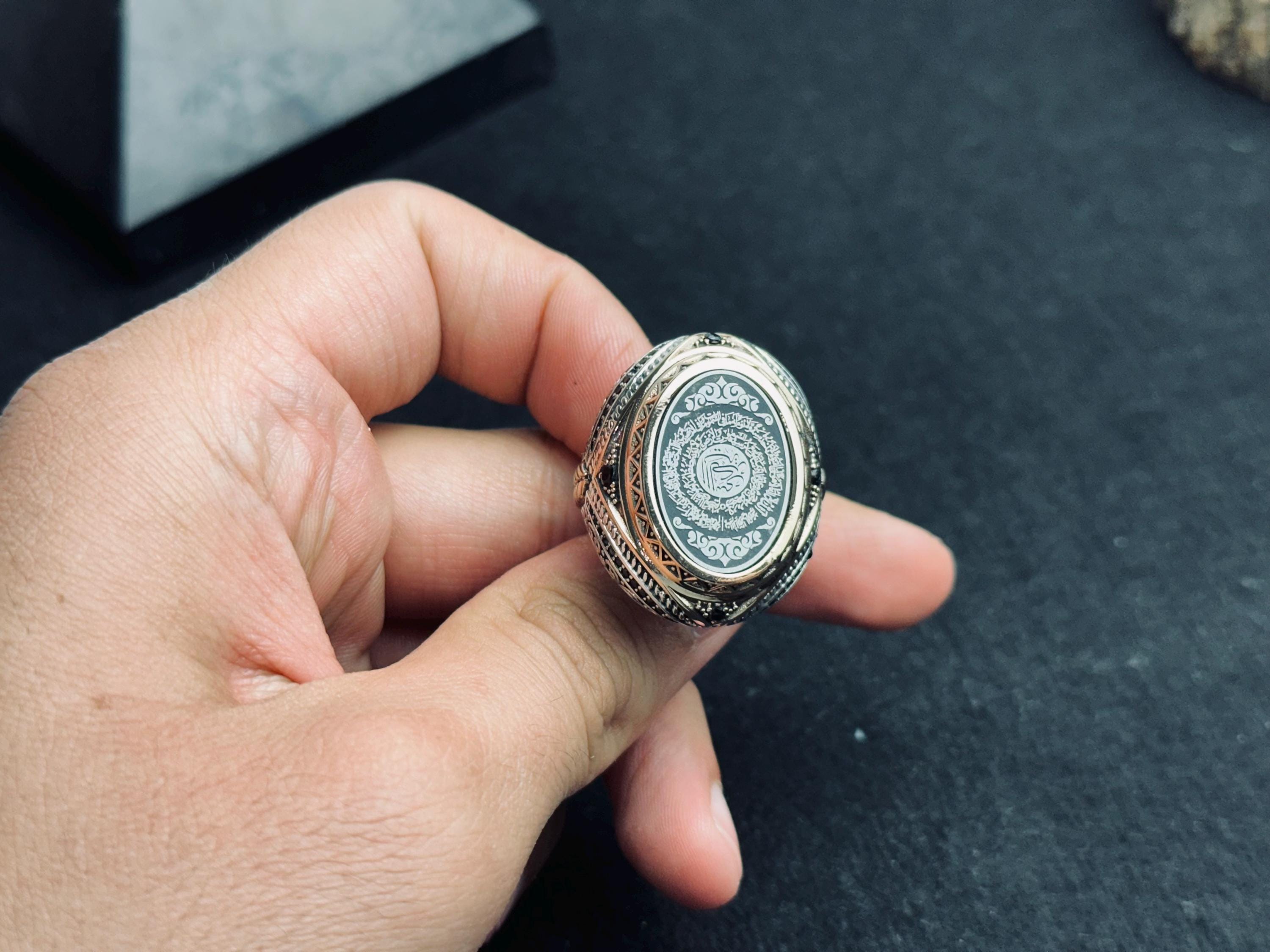 Silver Men's Ring - Handmade Oval with Arabic Surah Engraving