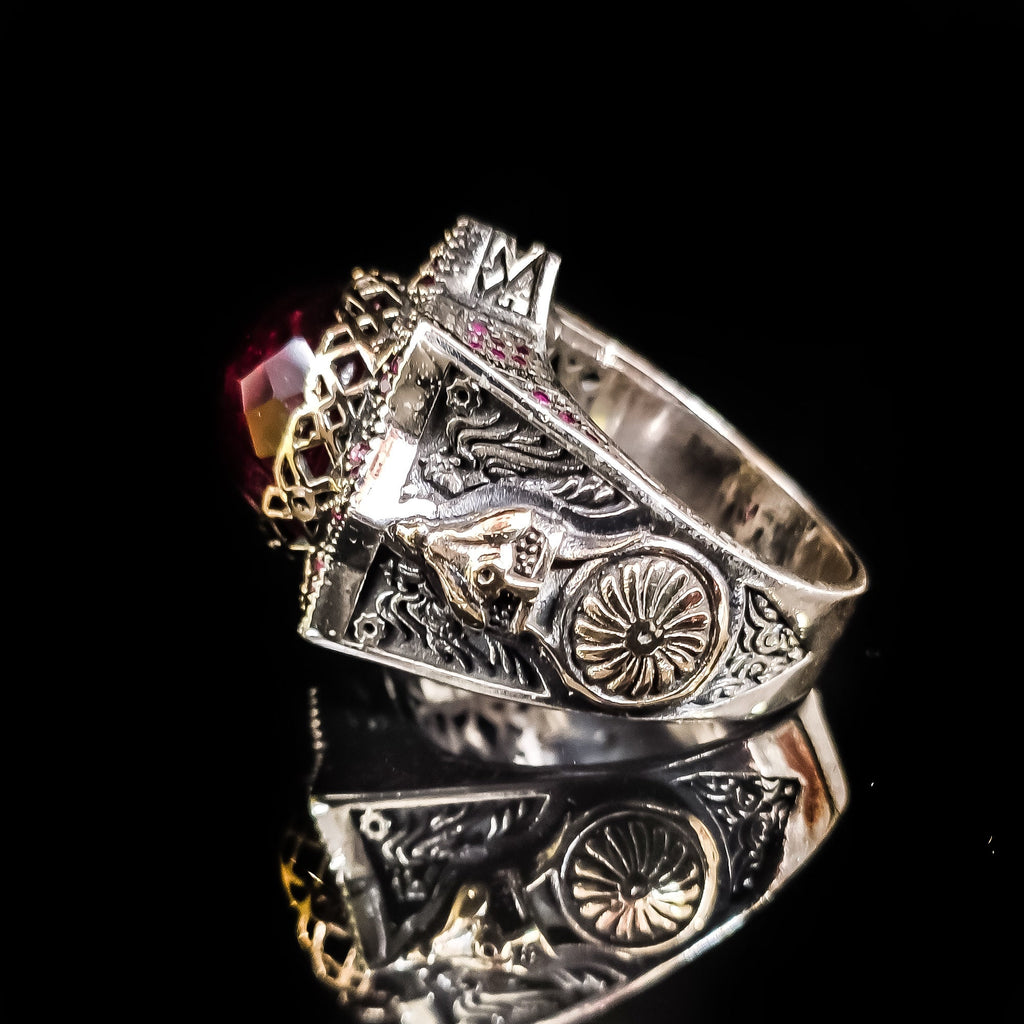 Ottoman Helmet Silver Ring, Red Zircon Accent (Men's Size)