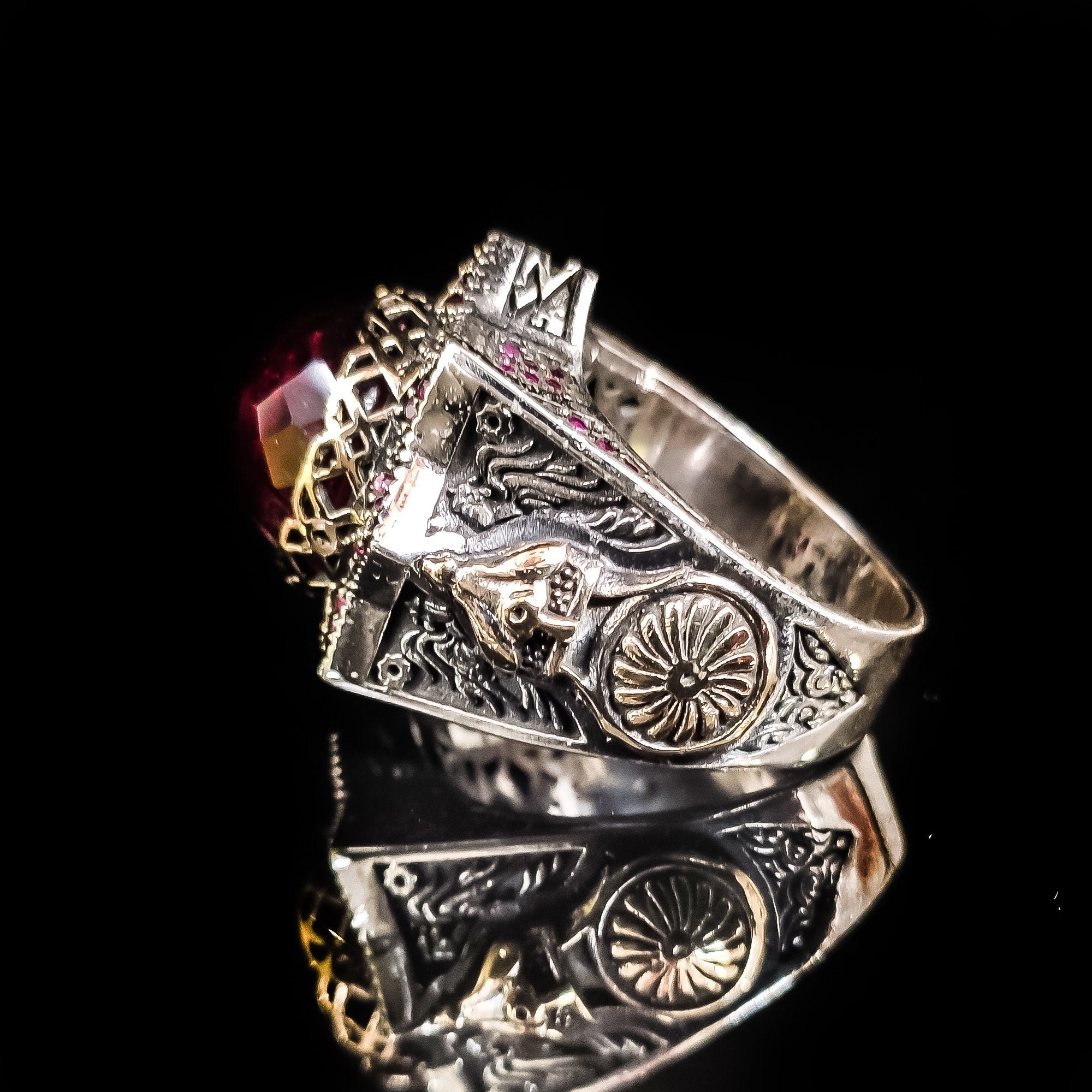 Ottoman Helmet Silver Ring, Red Zircon Accent (Men's Size)