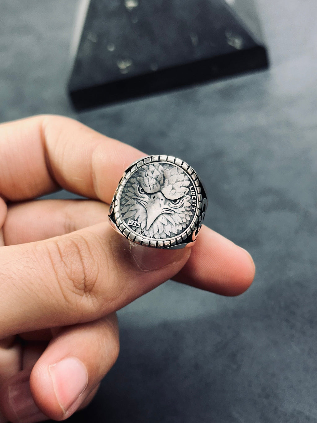 Sterling Silver Eagle Ring, Handmade Bold Design (Men's Size)