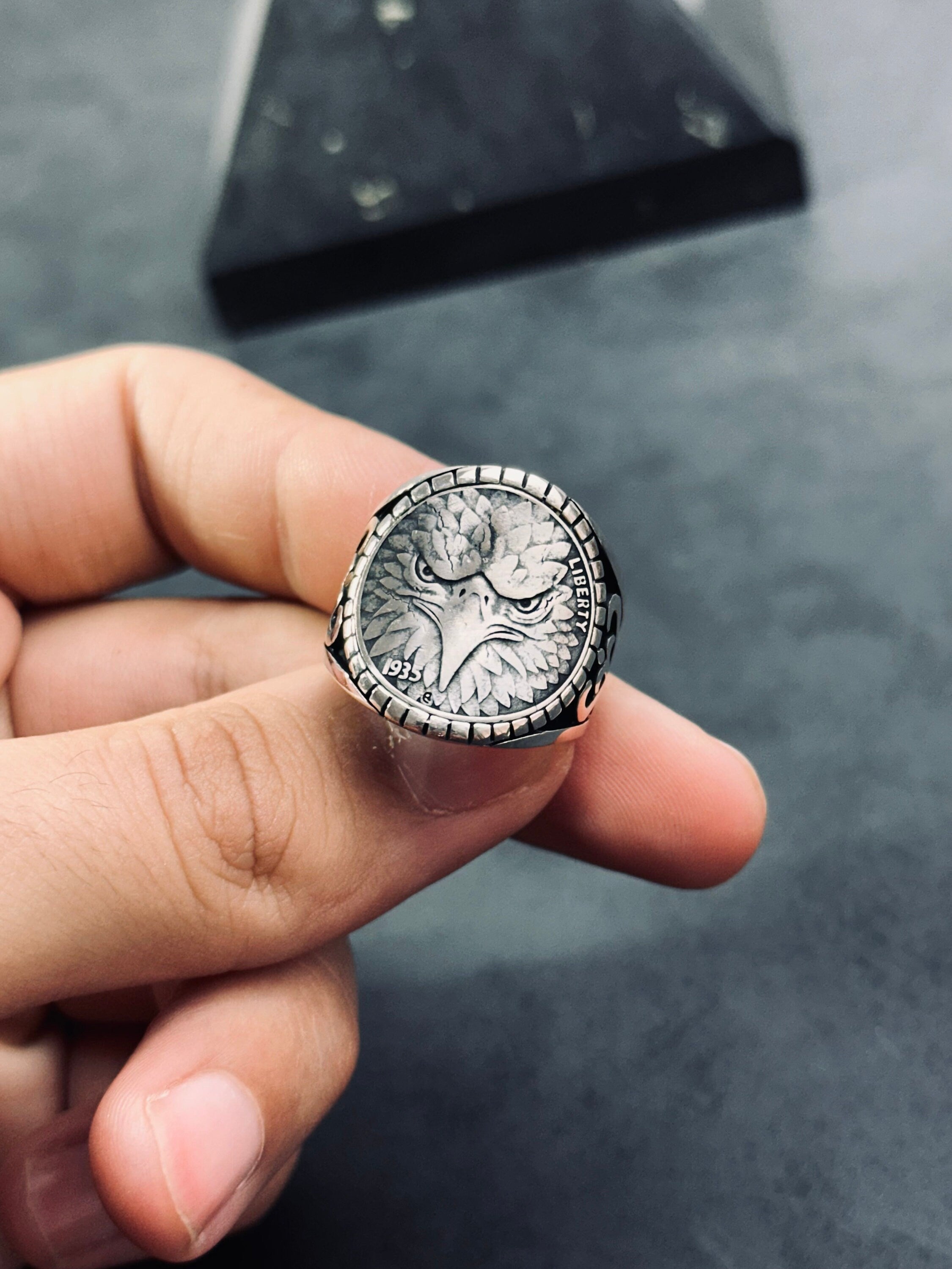 Sterling Silver Eagle Ring, Handmade Bold Design (Men's Size)