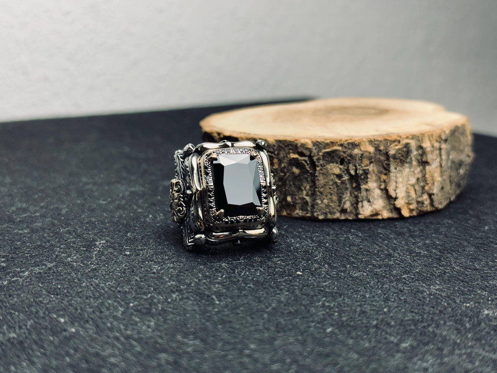Men's Square Zircon Ring: Bold Black Stone (925 Sterling Silver)