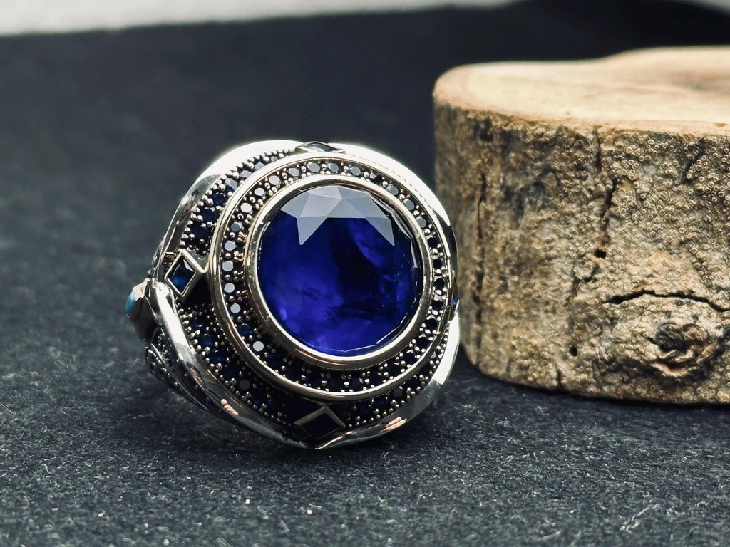 Men's Sterling Silver Ring: Blue Zircon Stone - Handmade Turkish Design
