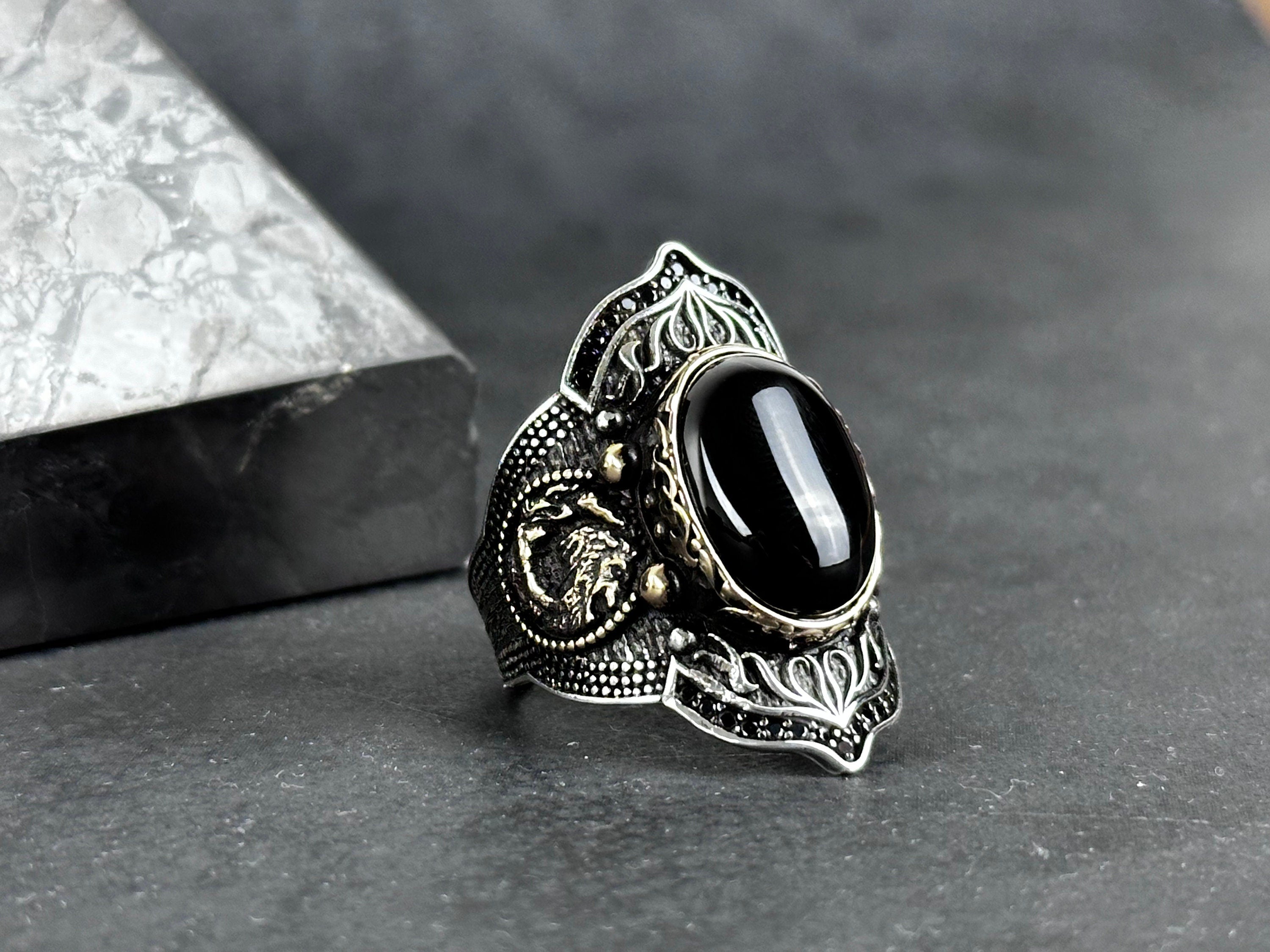 Archer Ring: Sterling Silver with Onyx Stone - Adjustable Statement Piece