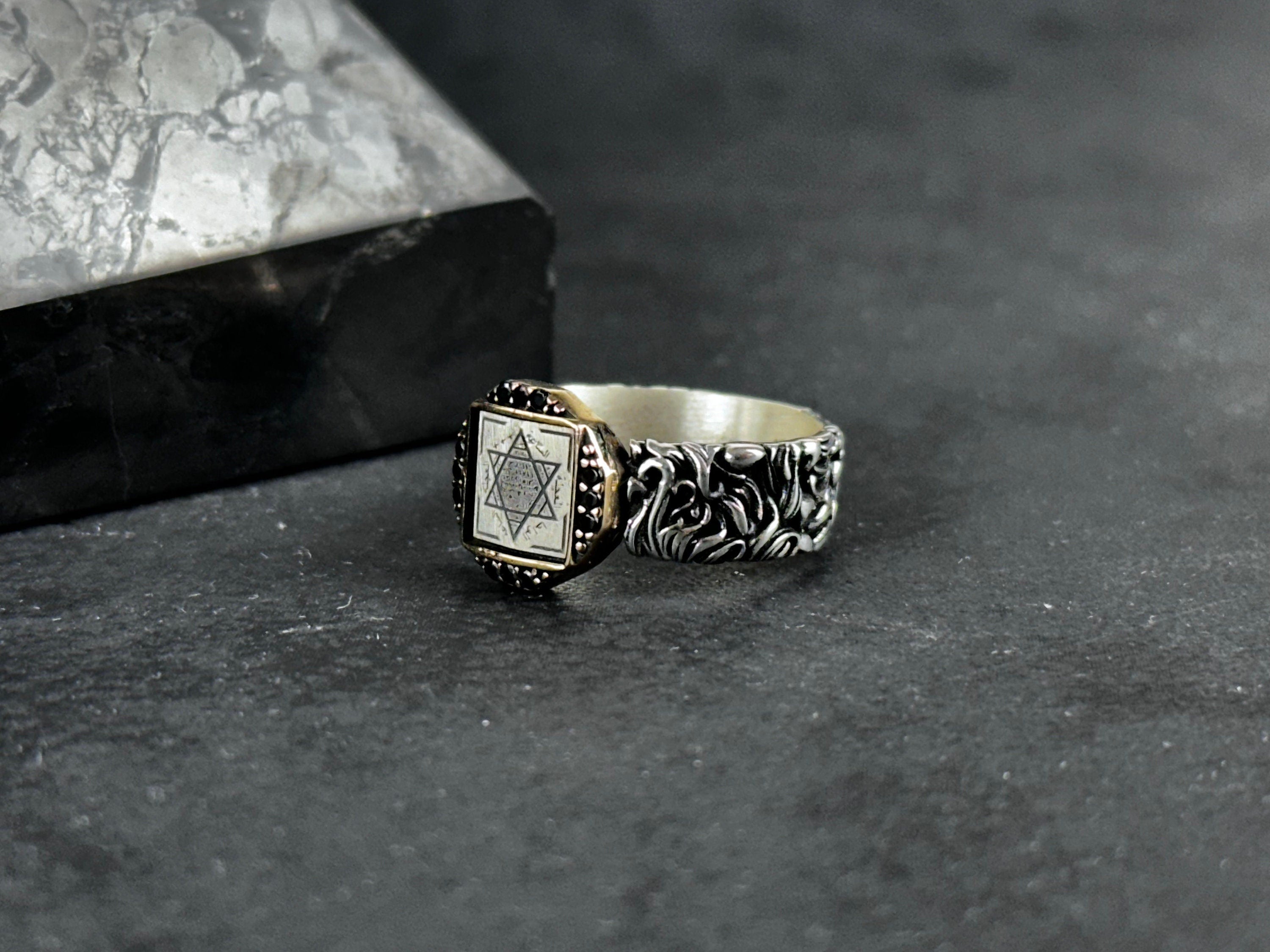 Sterling Silver Solomon Seal Ring - Handmade Adjustable Protection Jewelry
