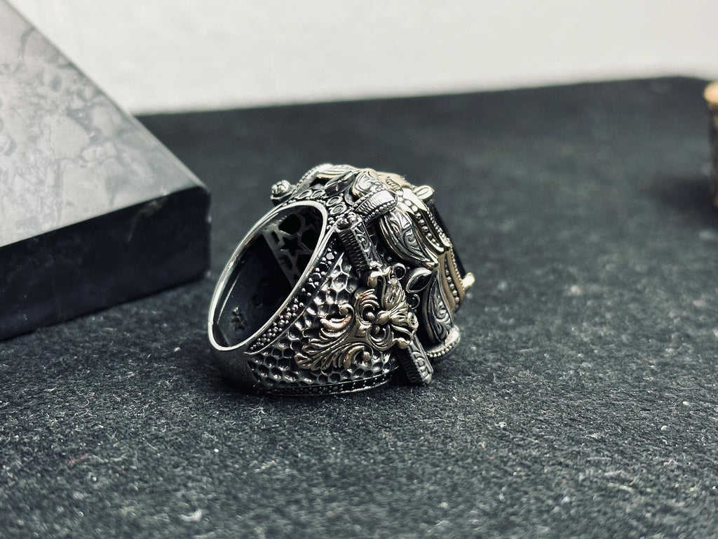 Black Zircon King Ring, 925 Sterling Silver Gothic Statement Jewelry