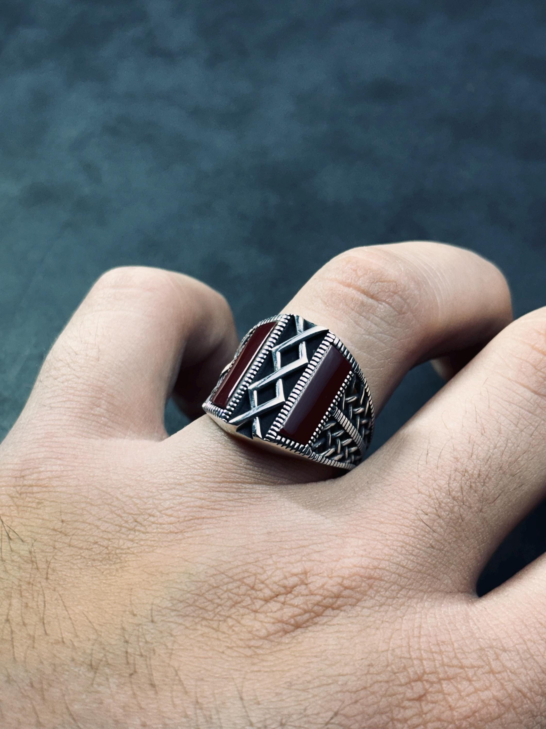 Red Aqeeq Agate Ring - Handmade Sterling Silver for Men