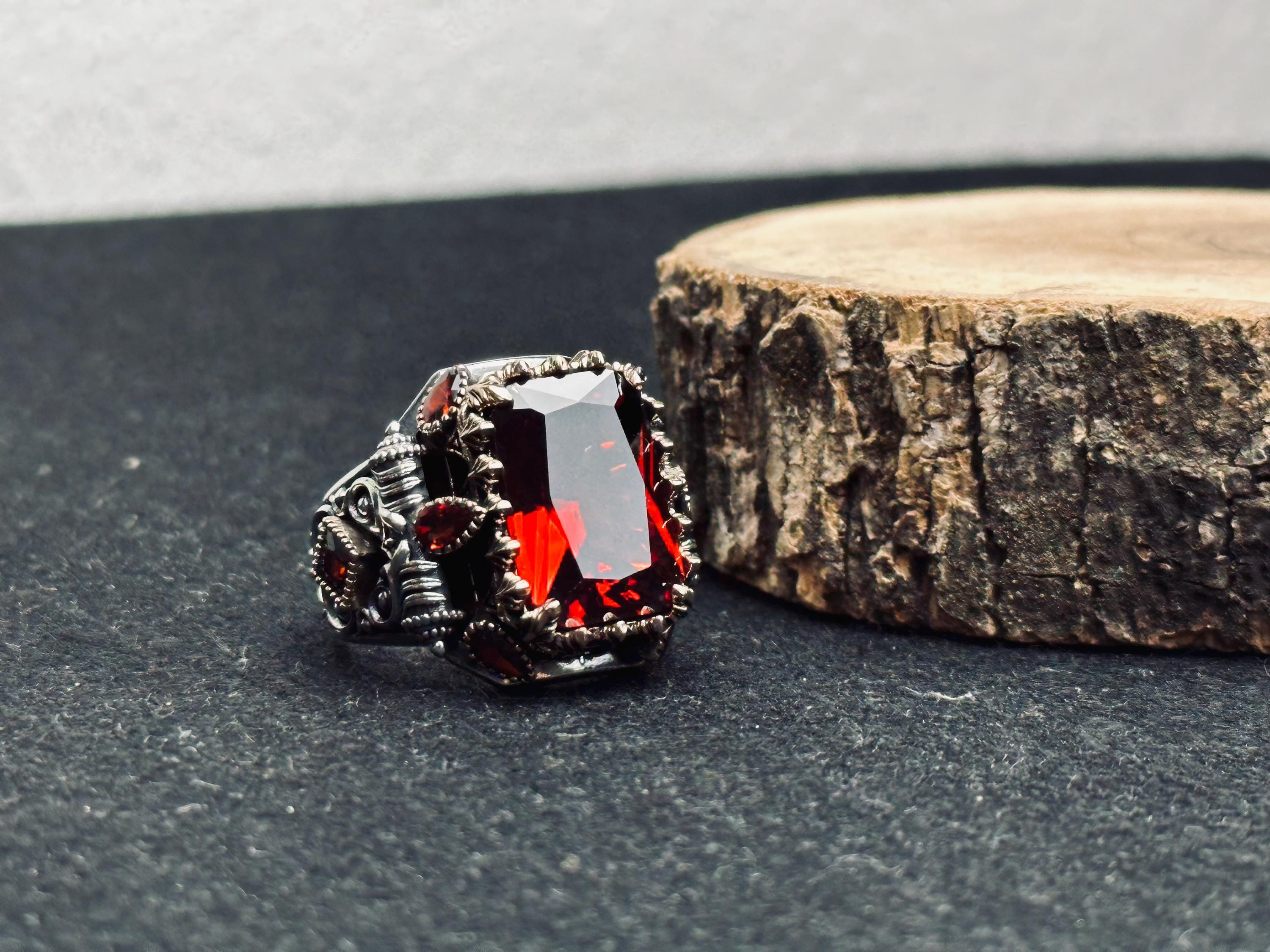 Men's Ruby Signet Ring: Turkish Handmade Sterling Silver