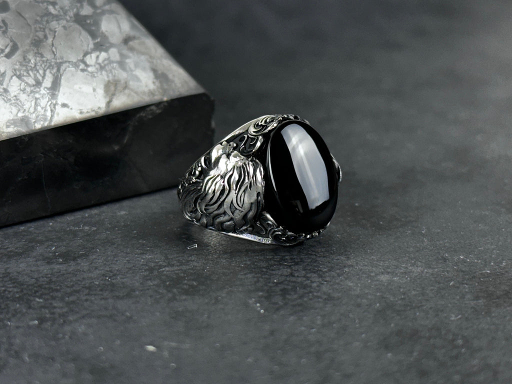 Silver Onyx Lion Ring - Handmade Sterling Statement Jewelry