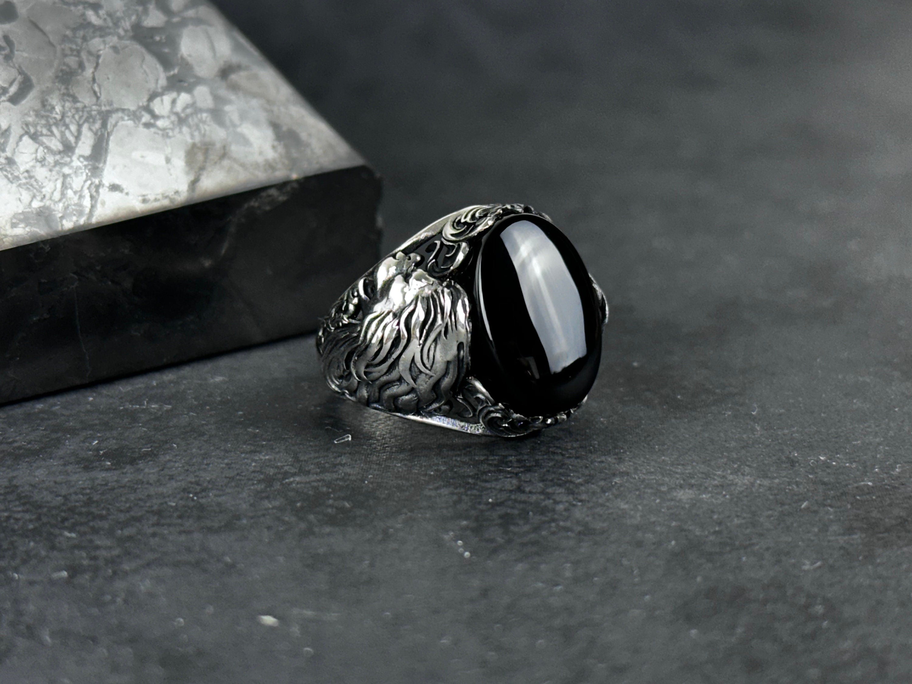 Silver Onyx Lion Ring - Handmade Sterling Statement Jewelry