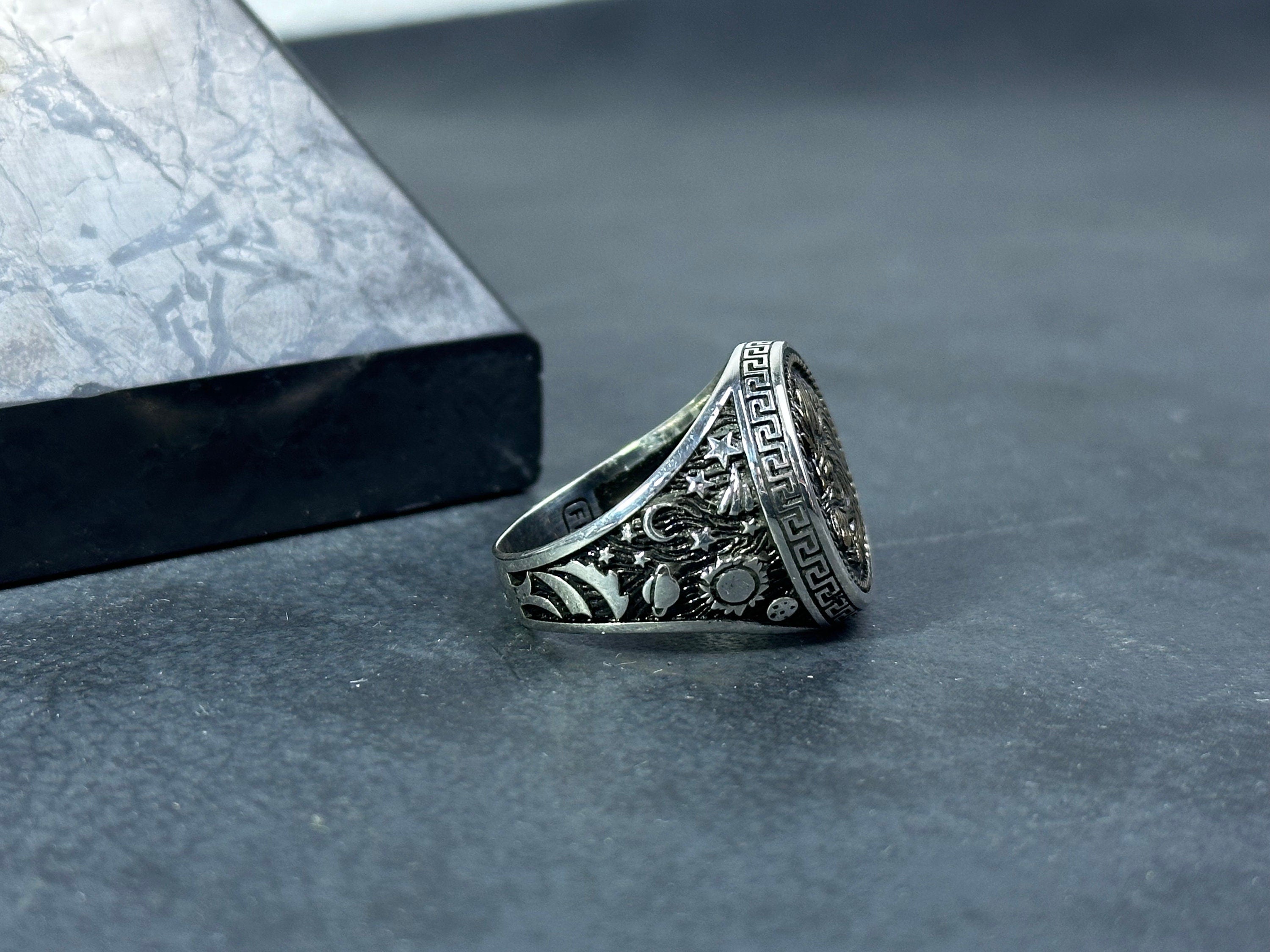 Leo Zodiac Sterling Silver Ring, Horoscope Design (Sizes 5-10)