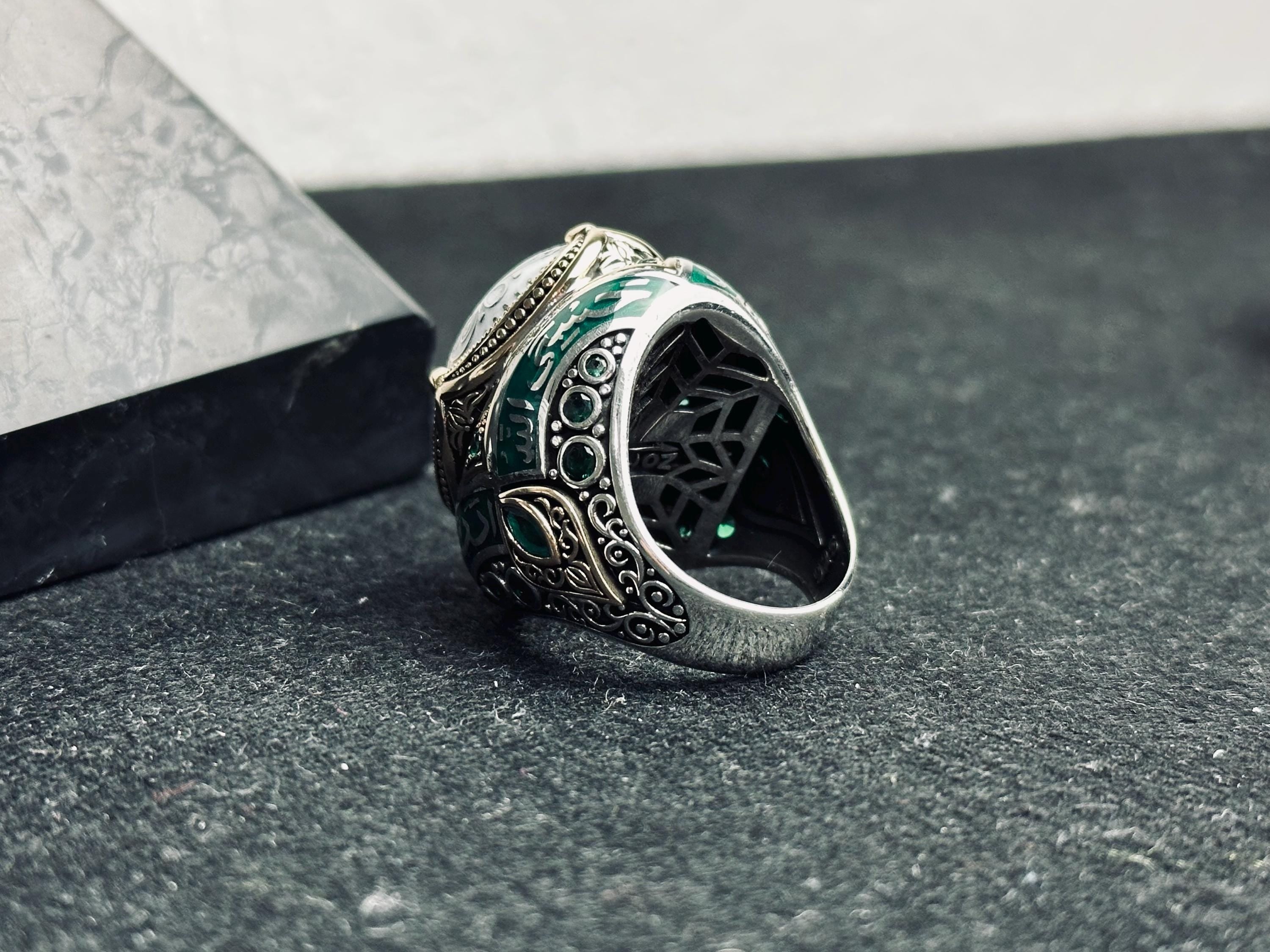 Green Enamel Islamic Ring, 925 Sterling Silver Ottoman Men's Ring