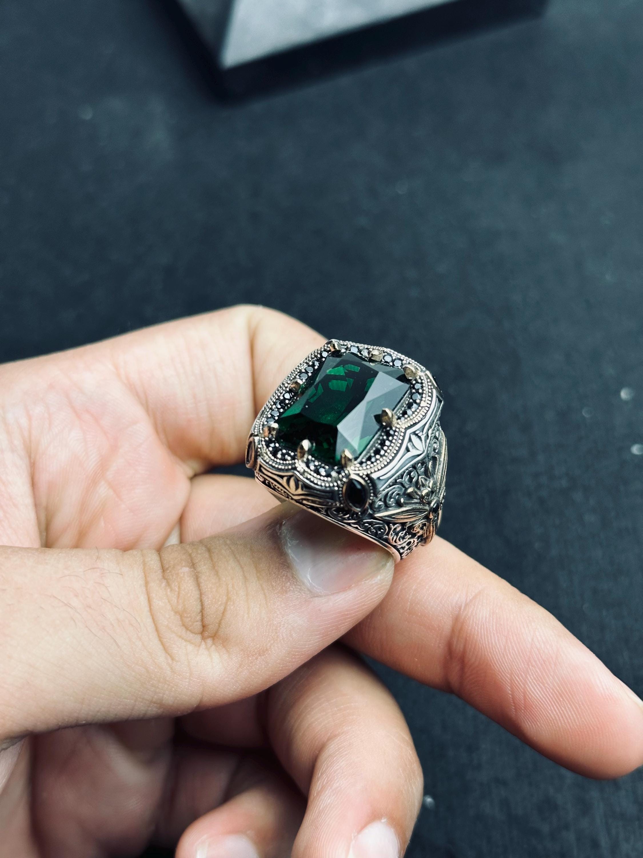 Emerald Men's Ring - Bold Handmade 925 Sterling Silver Turkish Style