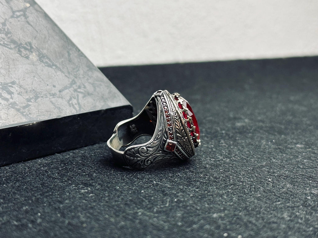 Men's Sterling Silver Ring, Oval Red Ruby (Handmade Statement)