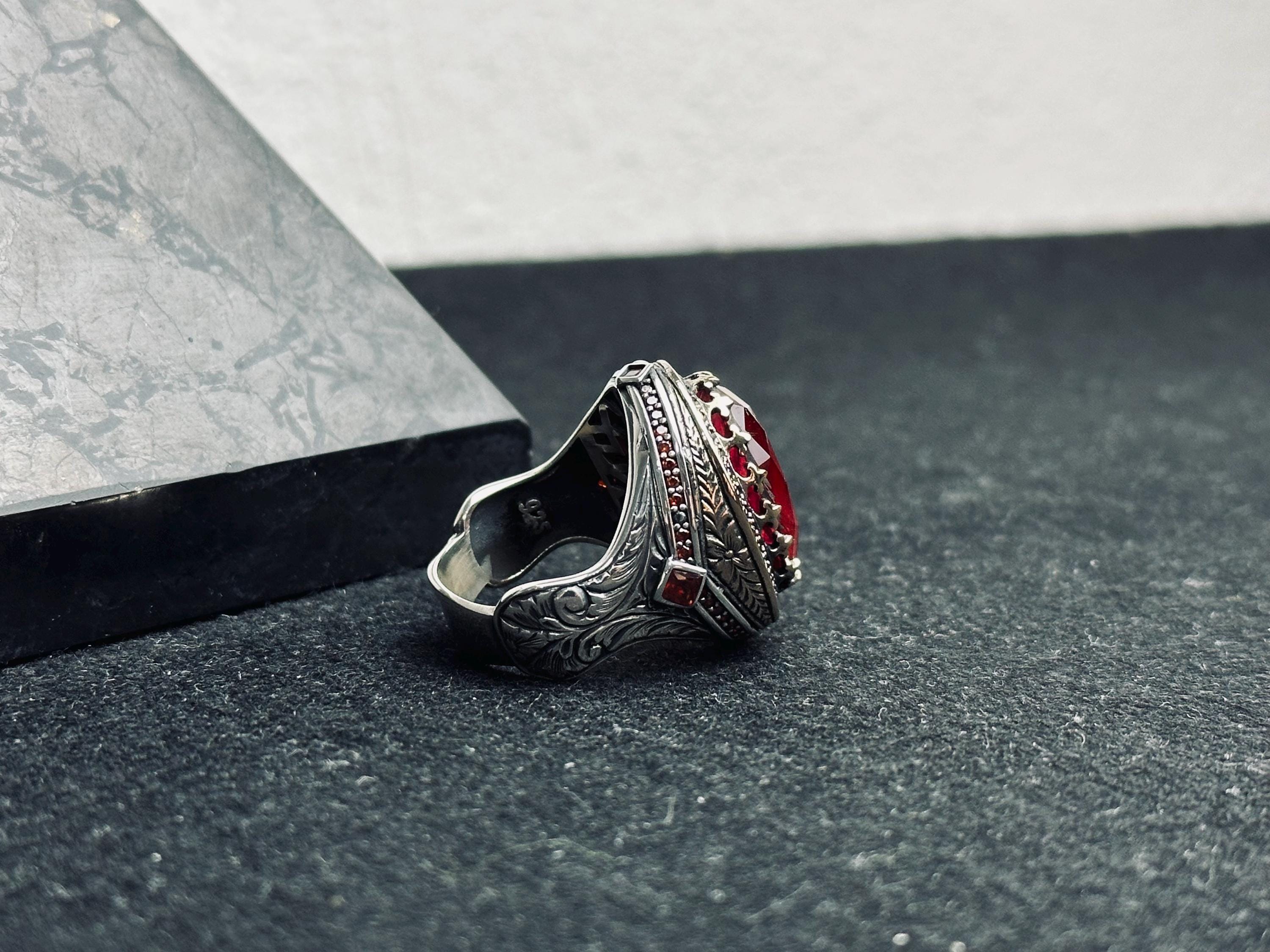 Men's Sterling Silver Ring, Oval Red Ruby (Handmade Statement)