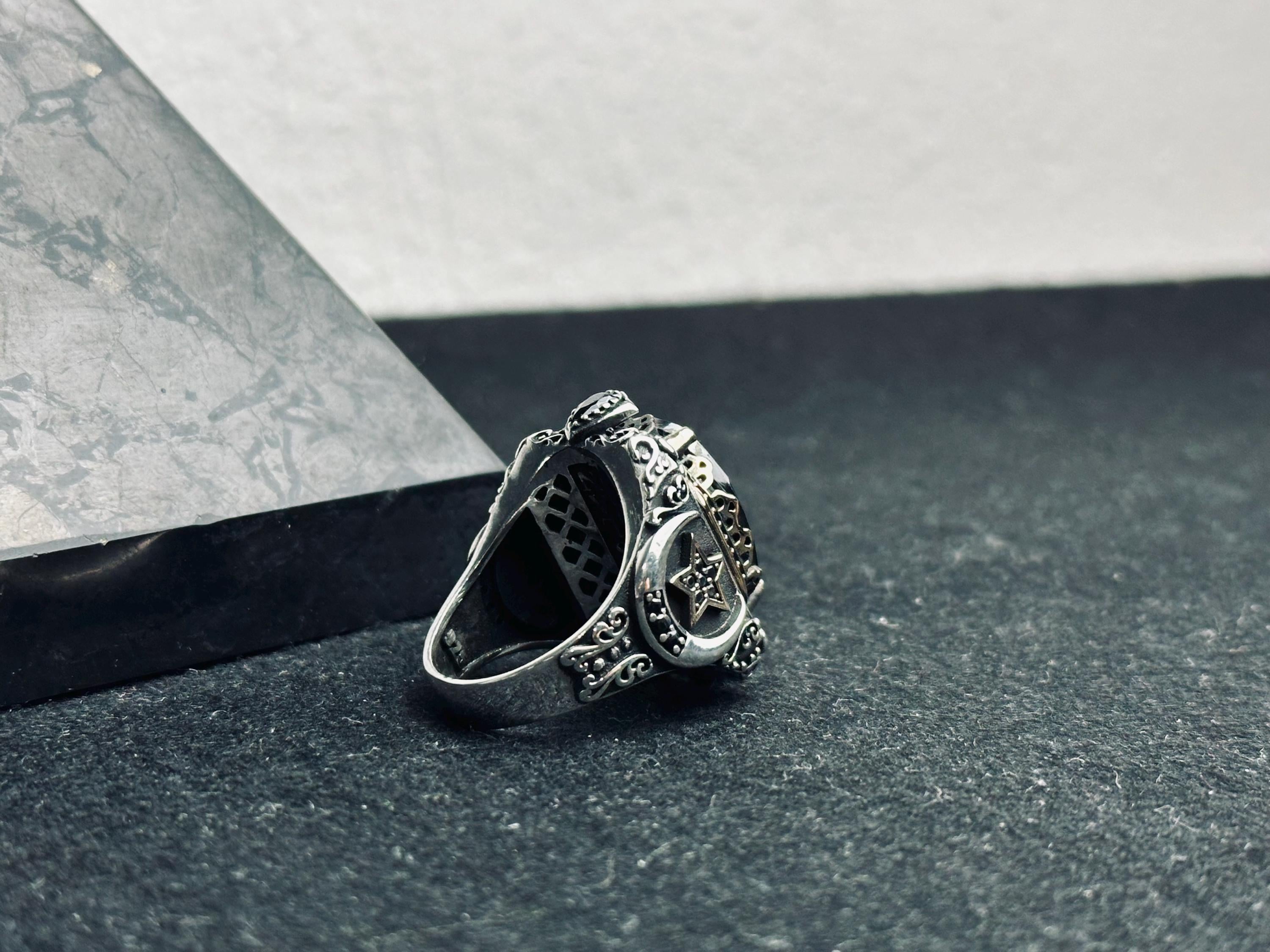 Men's Signet Ring: Black Zircon Stone - Sterling Silver