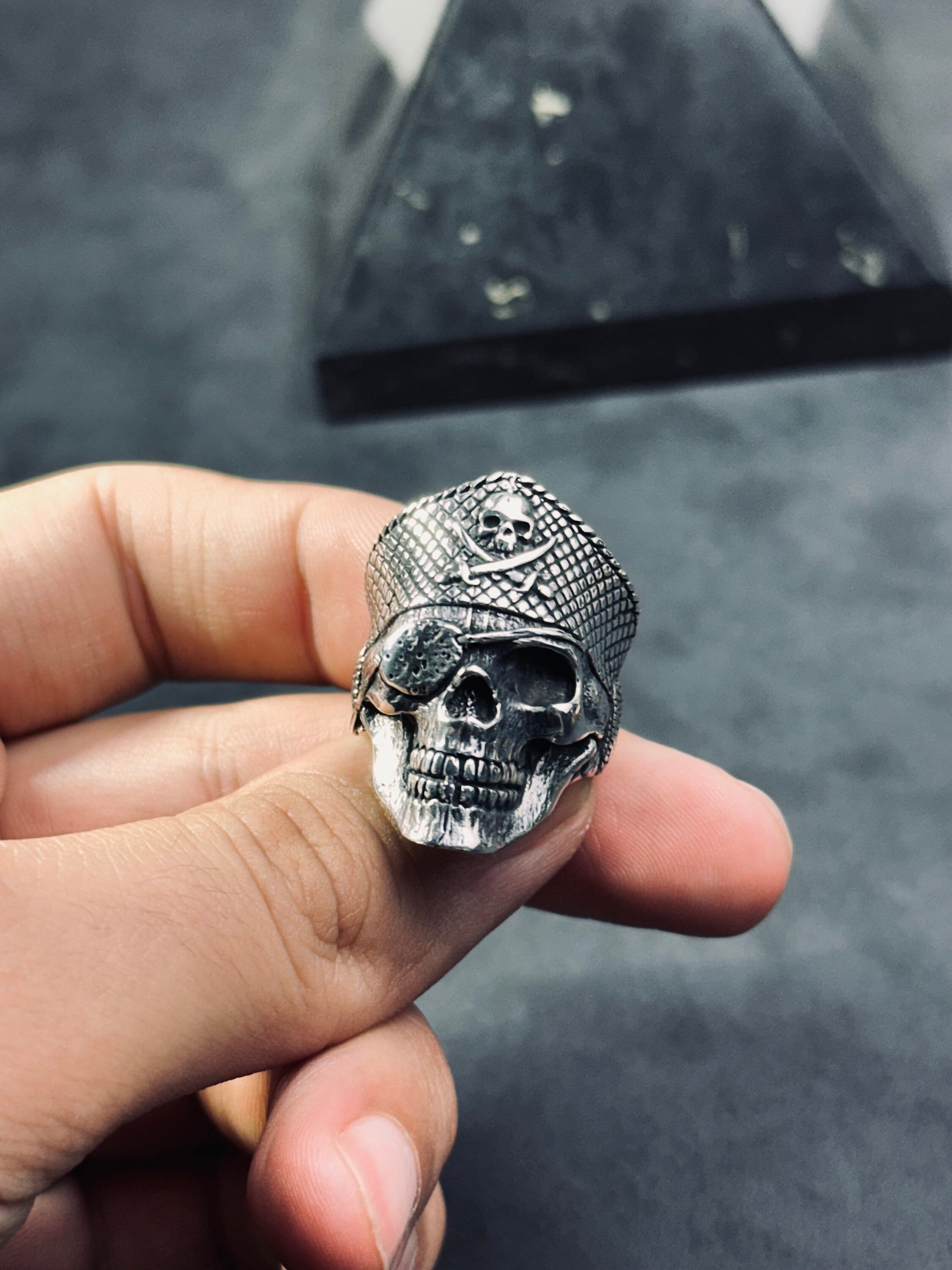 Sterling Silver Pirate Skull Ring: Gothic Biker Captain Design