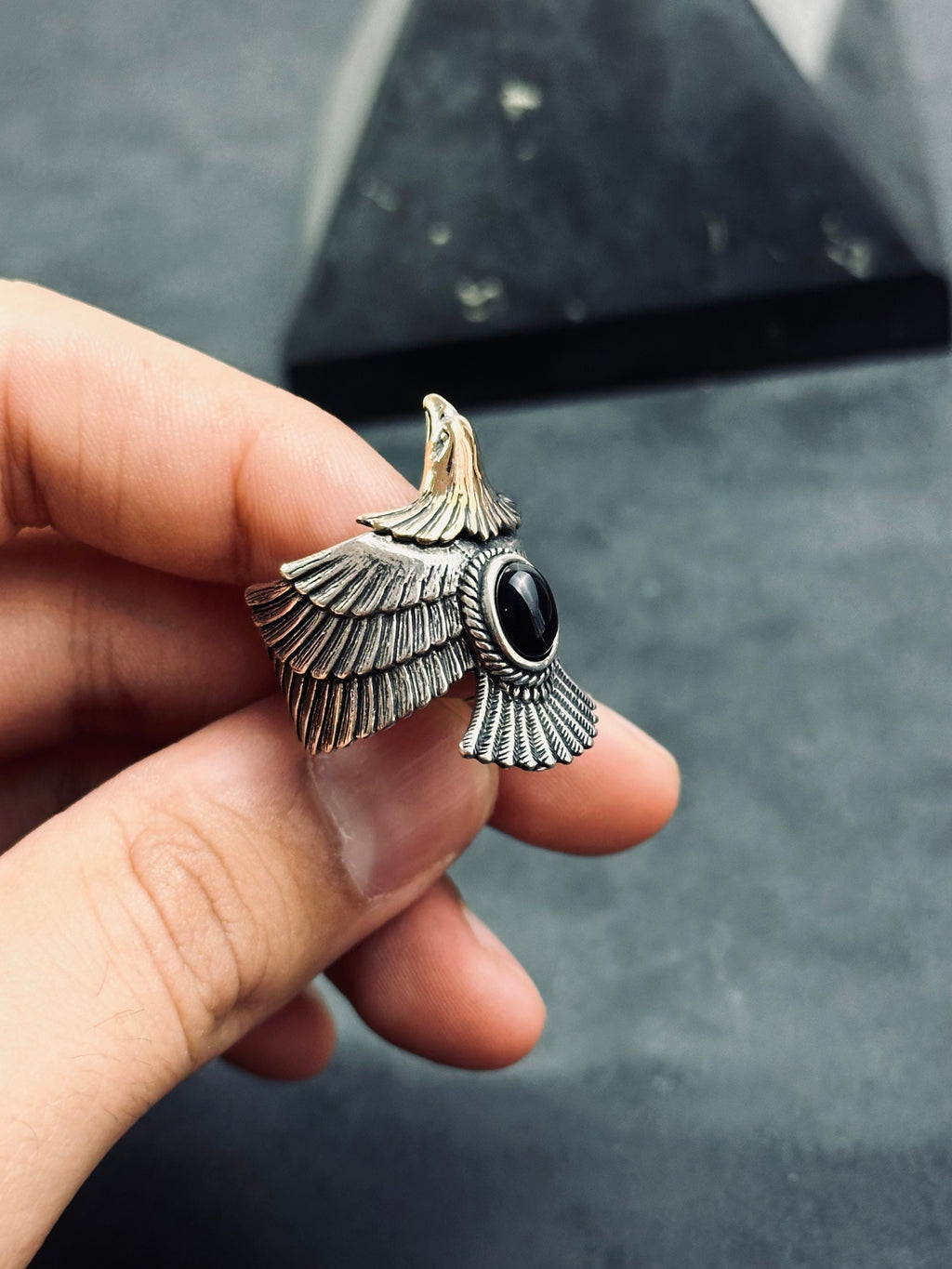 Eagle Ring: Onyx Stone, Sterling Silver - Adjustable Oxidized Finish