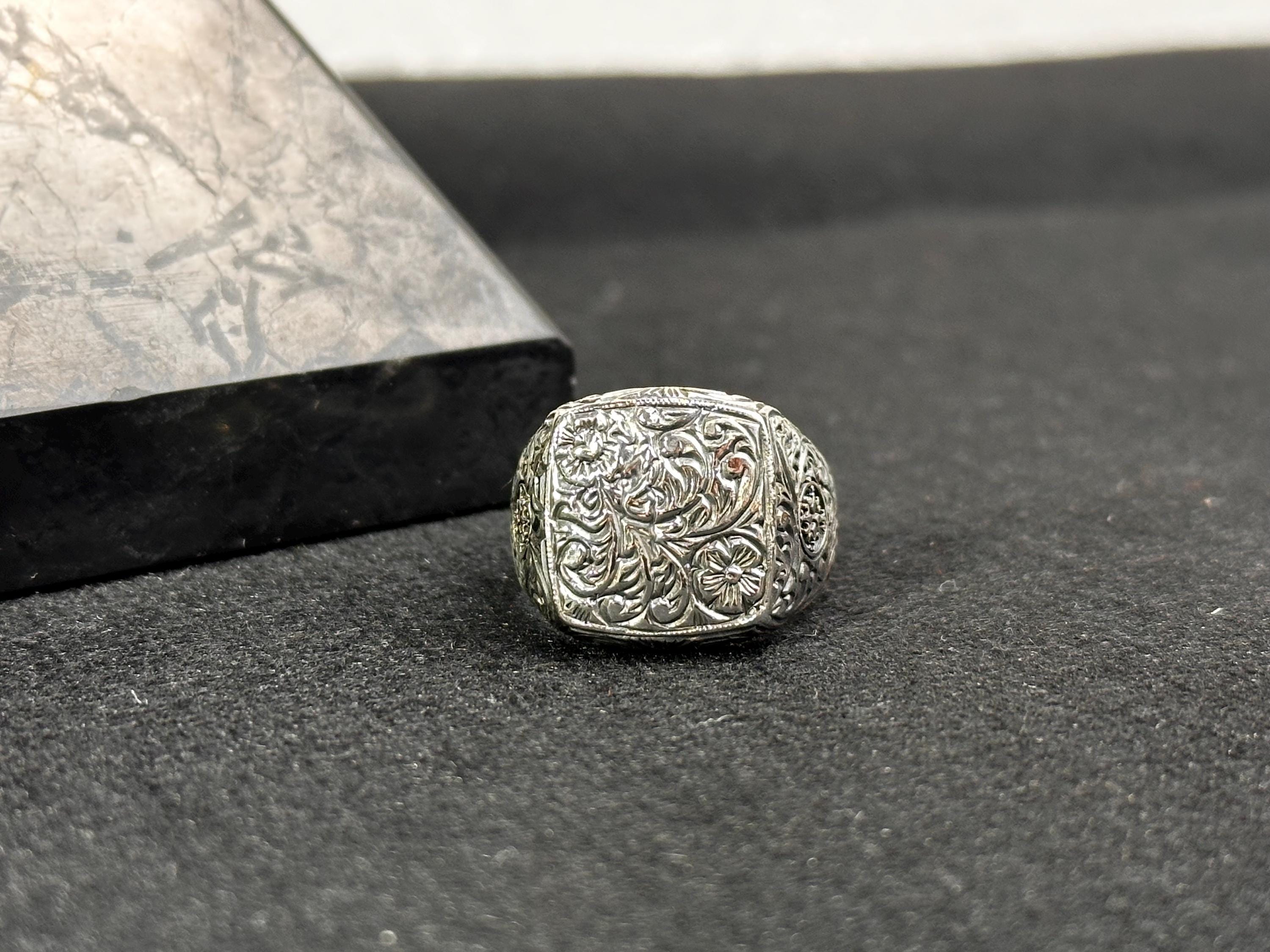 Men's Silver Ring: Engraved Tree Bark Style - Handmade 925 Sterling