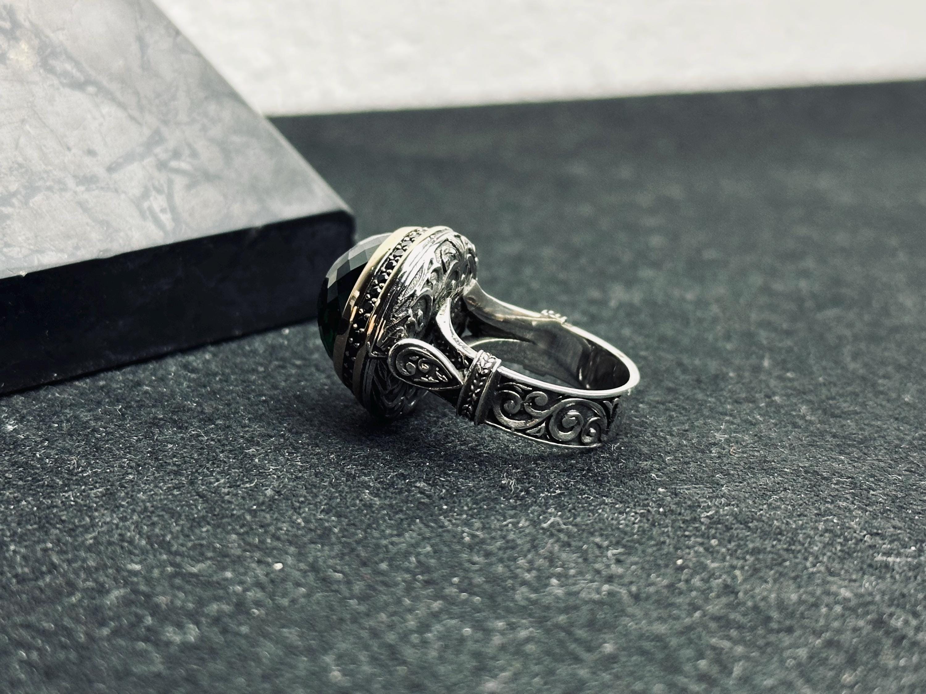 Emerald Ring: Men’s Sterling Silver Ottoman Style (Handmade)