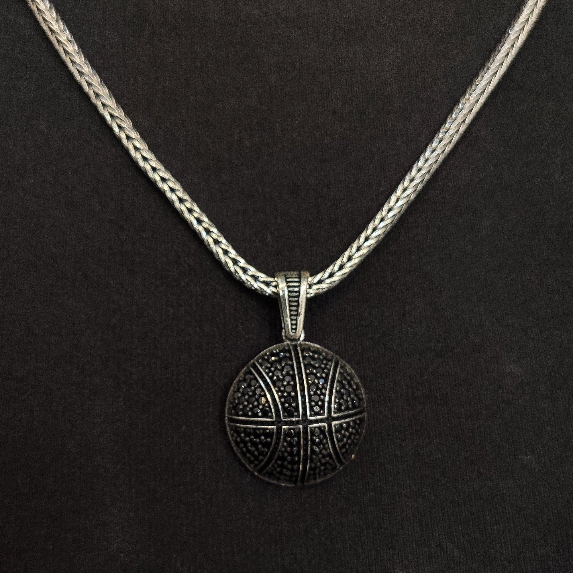 Sterling Silver Basketball Necklace: Black Zircon Accent