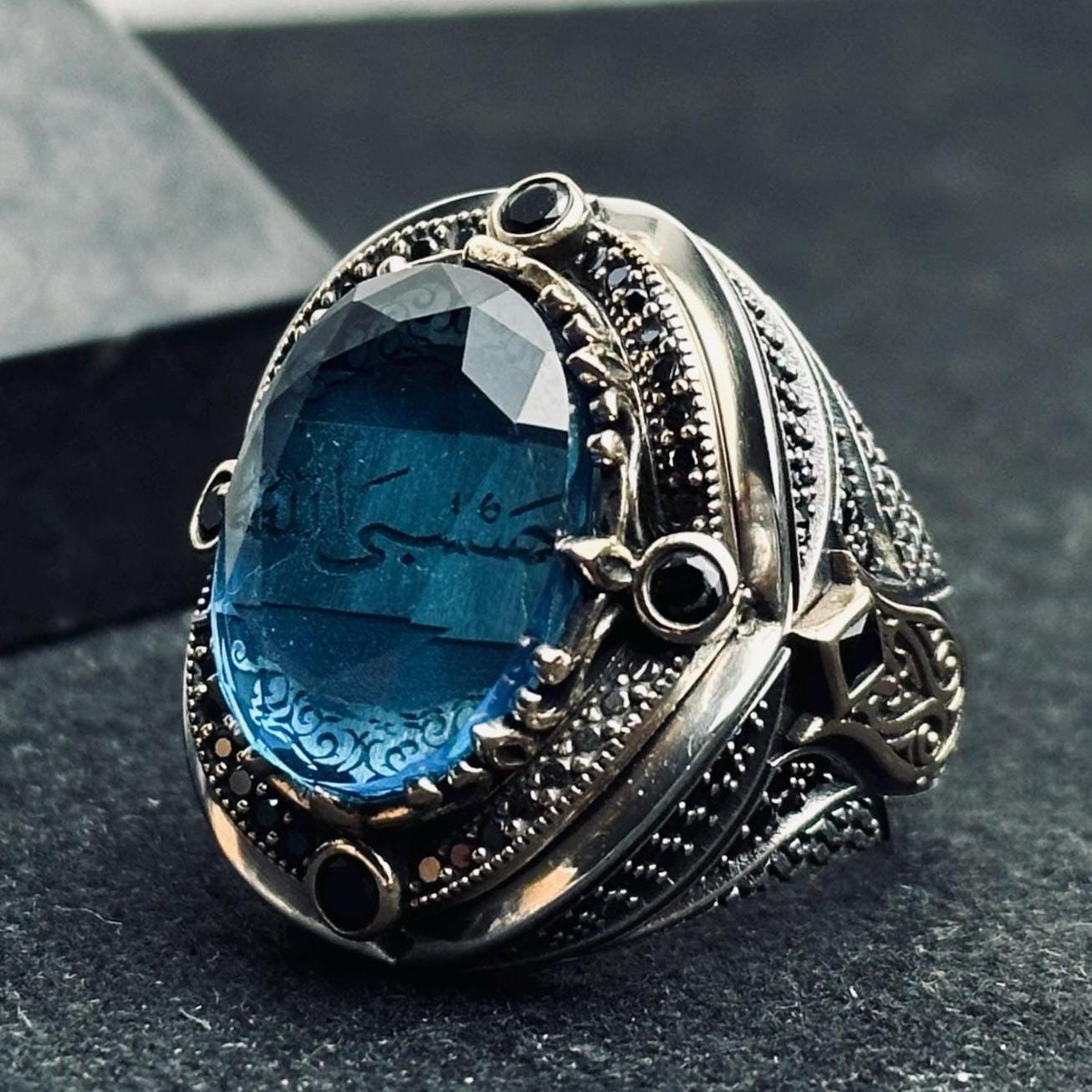 Men's Silver Ring: Aquamarine and Zircon - Arabic Prayer Inscription