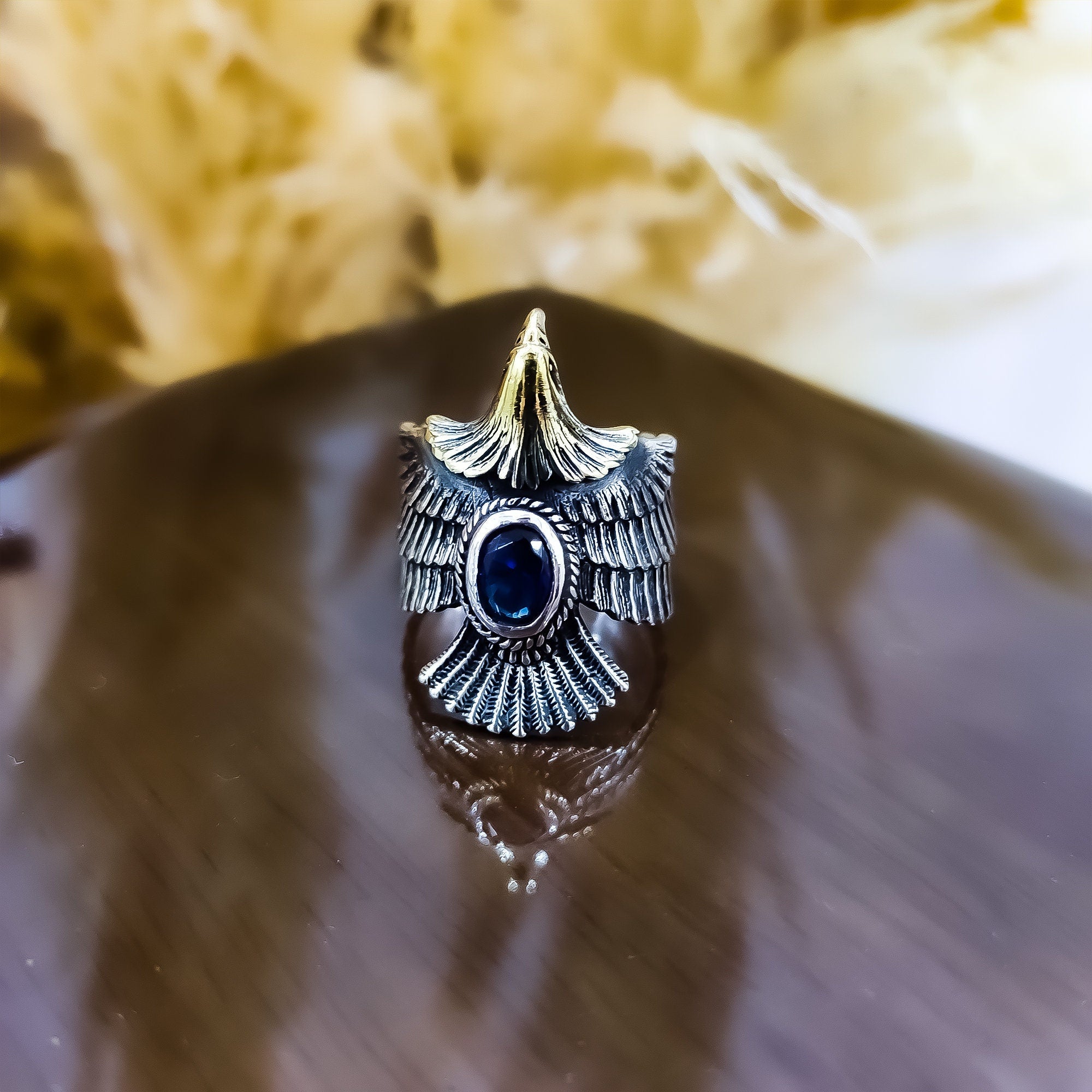 Dark Blue Sapphire Eagle Ring: Sterling Silver Men's Statement
