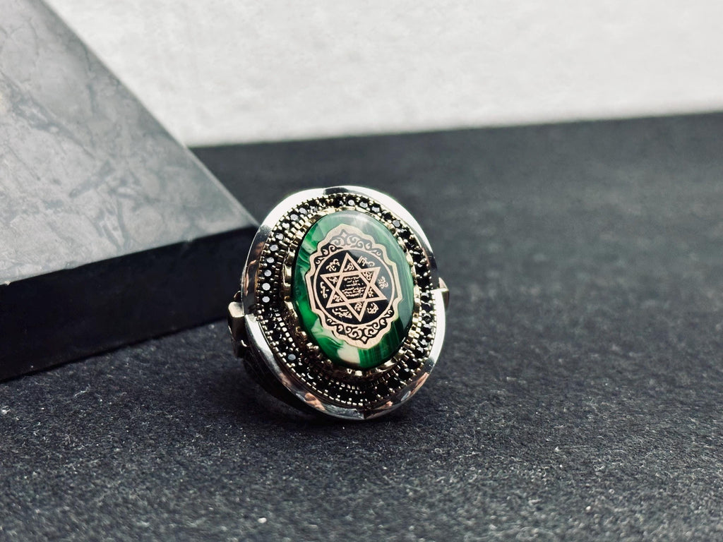Solomon Seal Ring: Handmade Sterling Silver with Green Amber