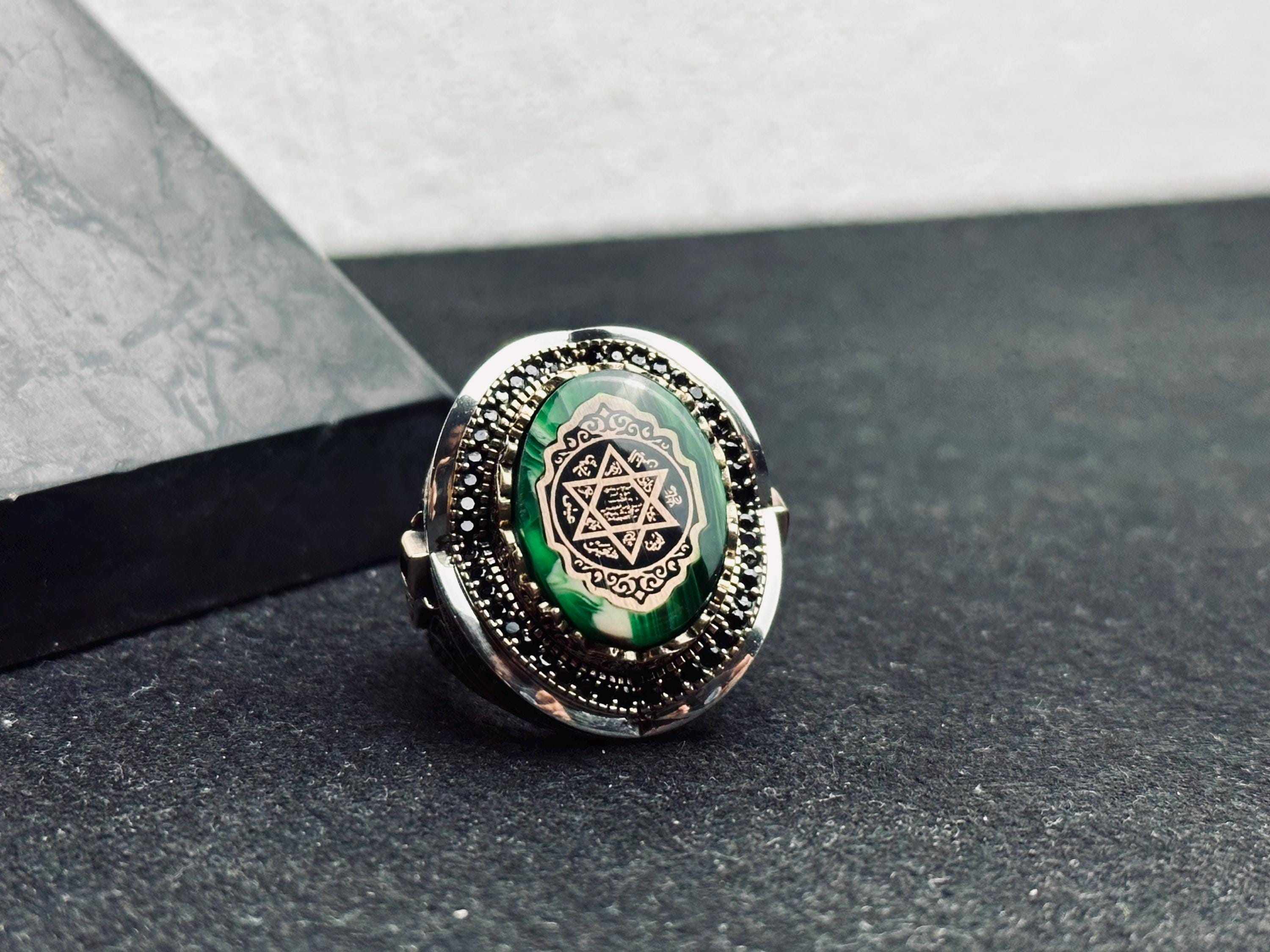 Solomon Seal Ring: Handmade Sterling Silver with Green Amber
