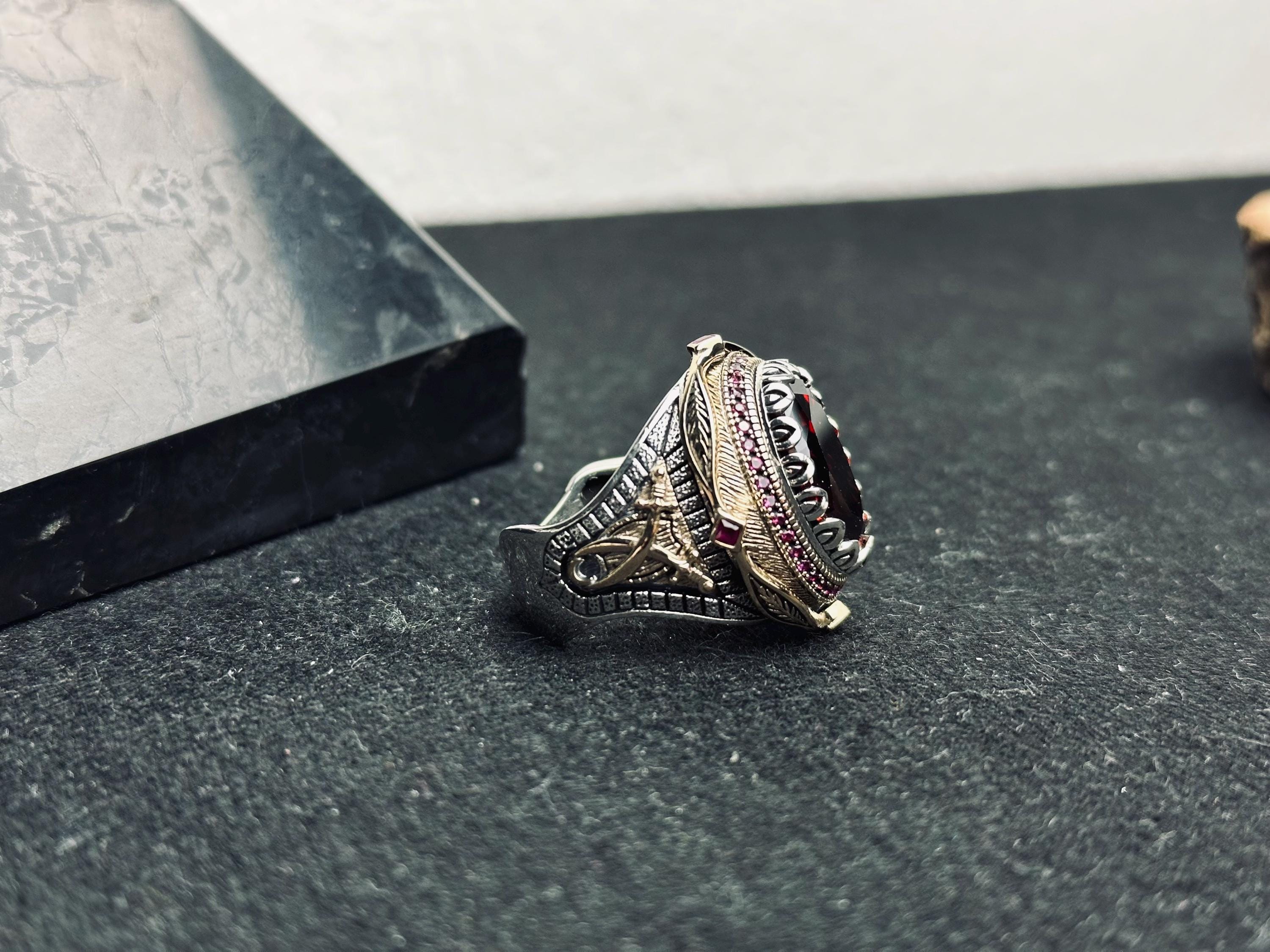 Ottoman Style Ruby Ring - Handmade Turkish Sterling Silver