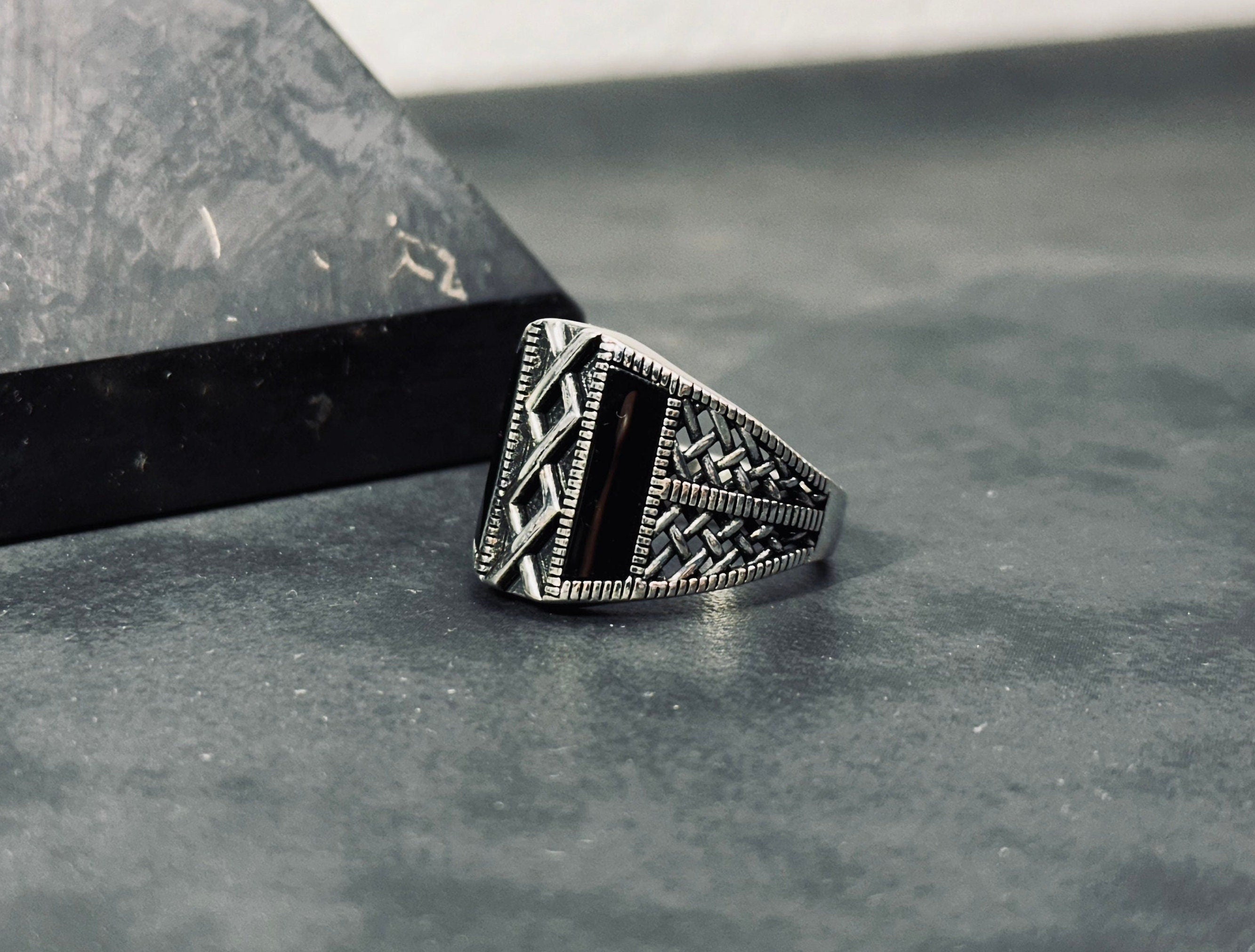 Onyx Ring: Minimalist Sterling Silver (Engraved, Handmade)