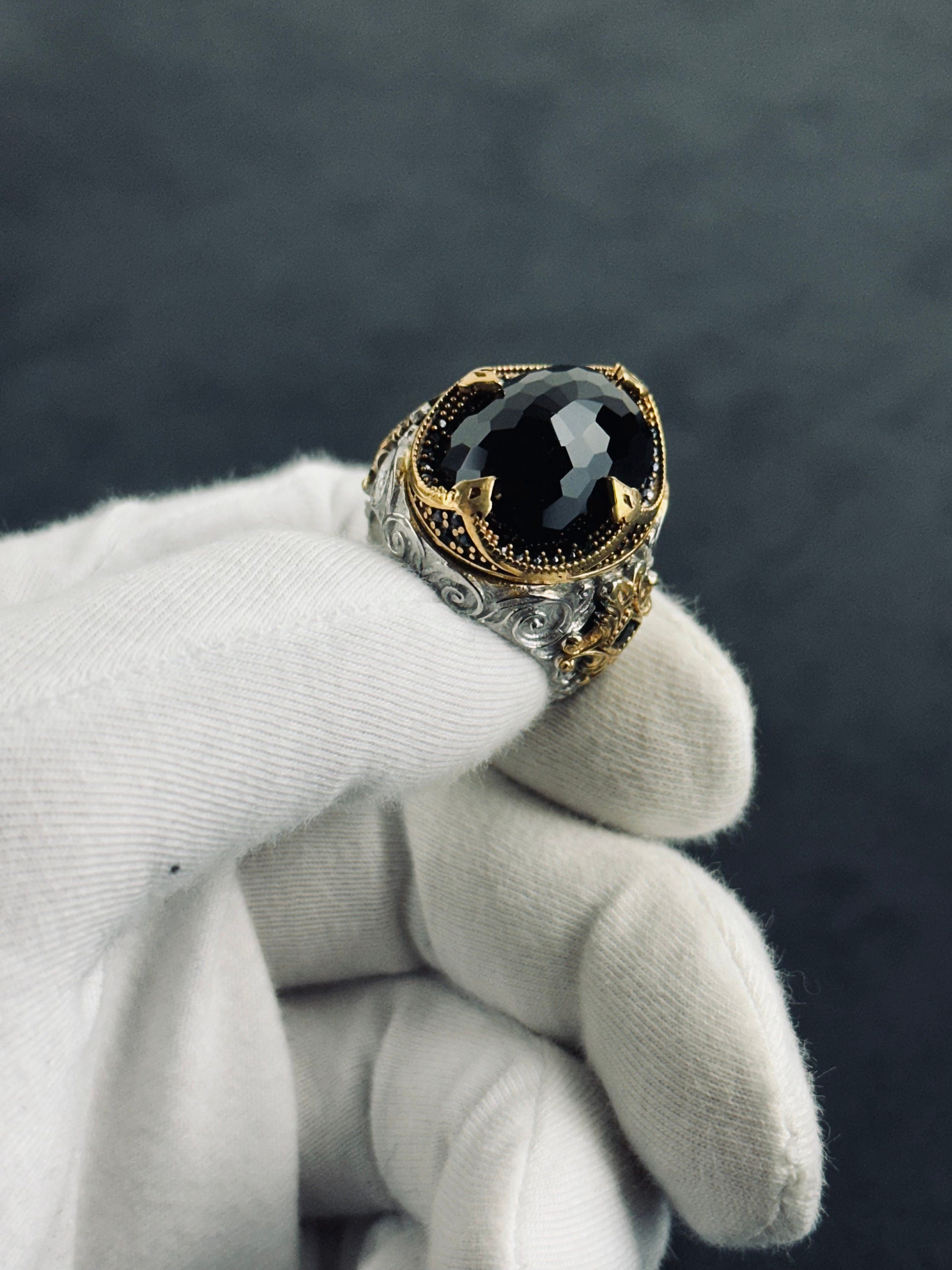 Oval Zircon Ring: Rhodium Sterling Silver Engraved Band