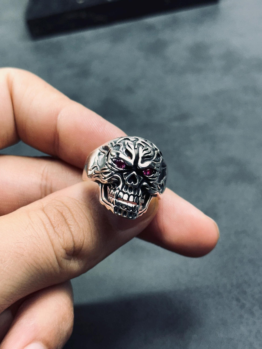 Skull Ring: Sterling Silver Biker Goth - Handmade Design
