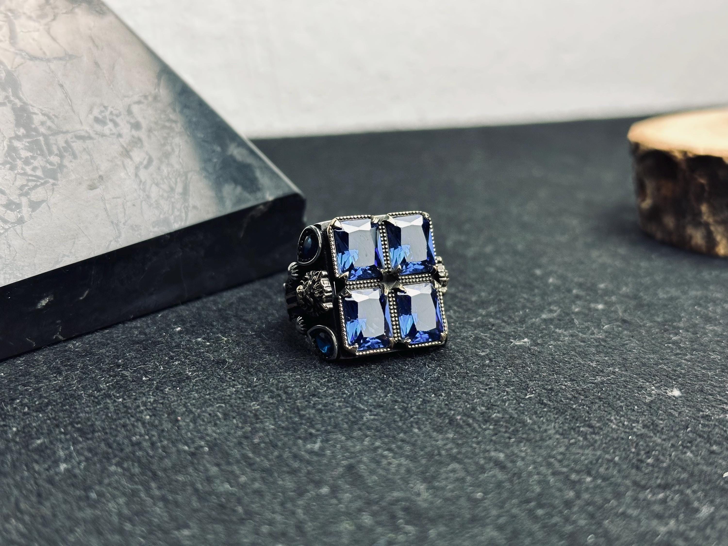 Men’s Statement Ring: Blue Zircon Stones - Handmade Sterling Silver